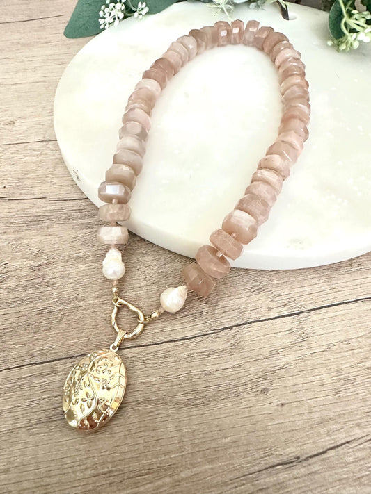 Peach Moonstone Beaded Necklace Locket Pendant Chunky Necklaces -Gift-Wedding-Bridesmaid