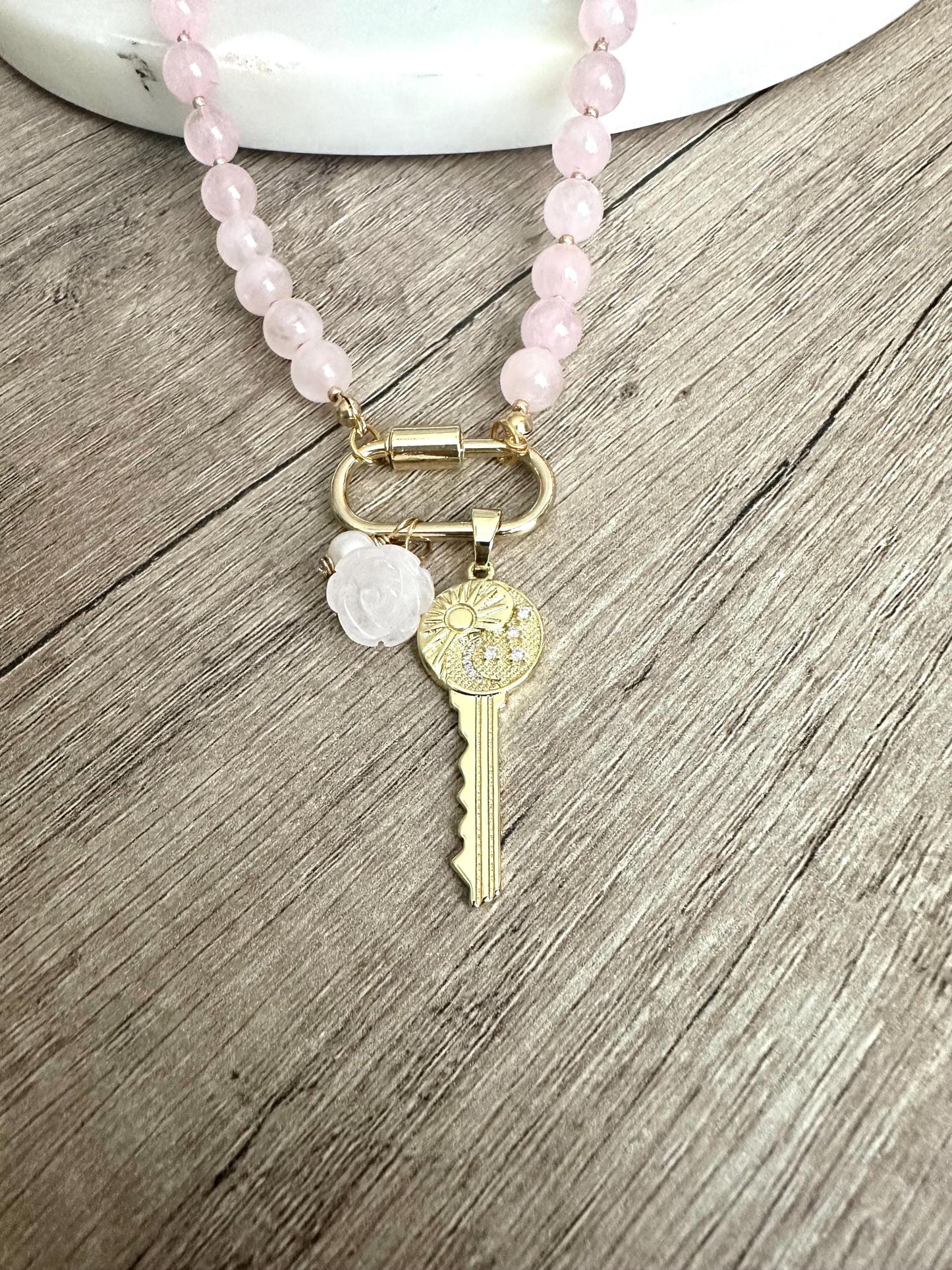 Pink Quartz Beaded Key Necklace -Gift-Wedding-Bridesmaid