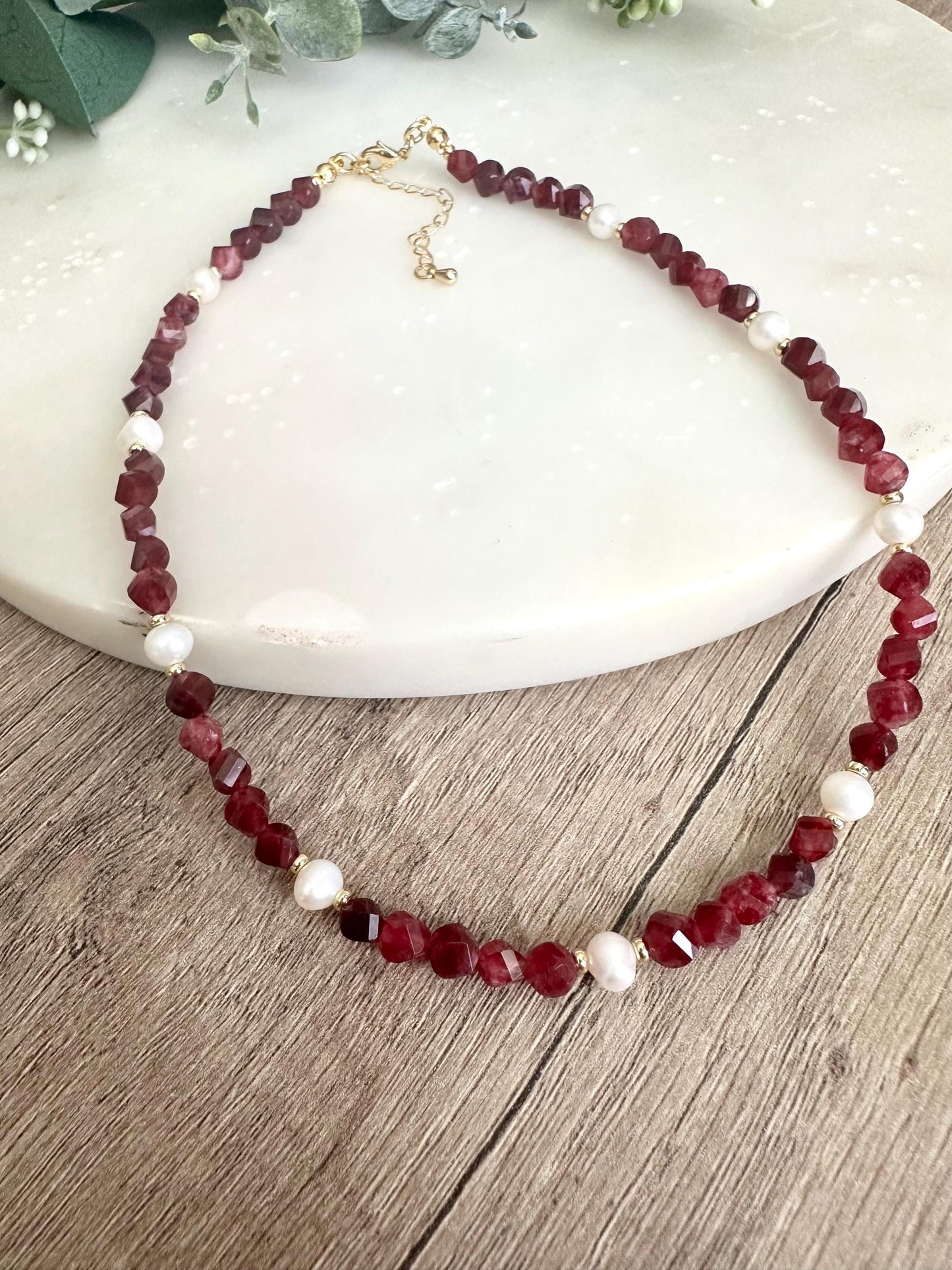 Garnet Jade Freshwater Pearls Beaded Necklace -Gift-Wedding-Bridesmaid