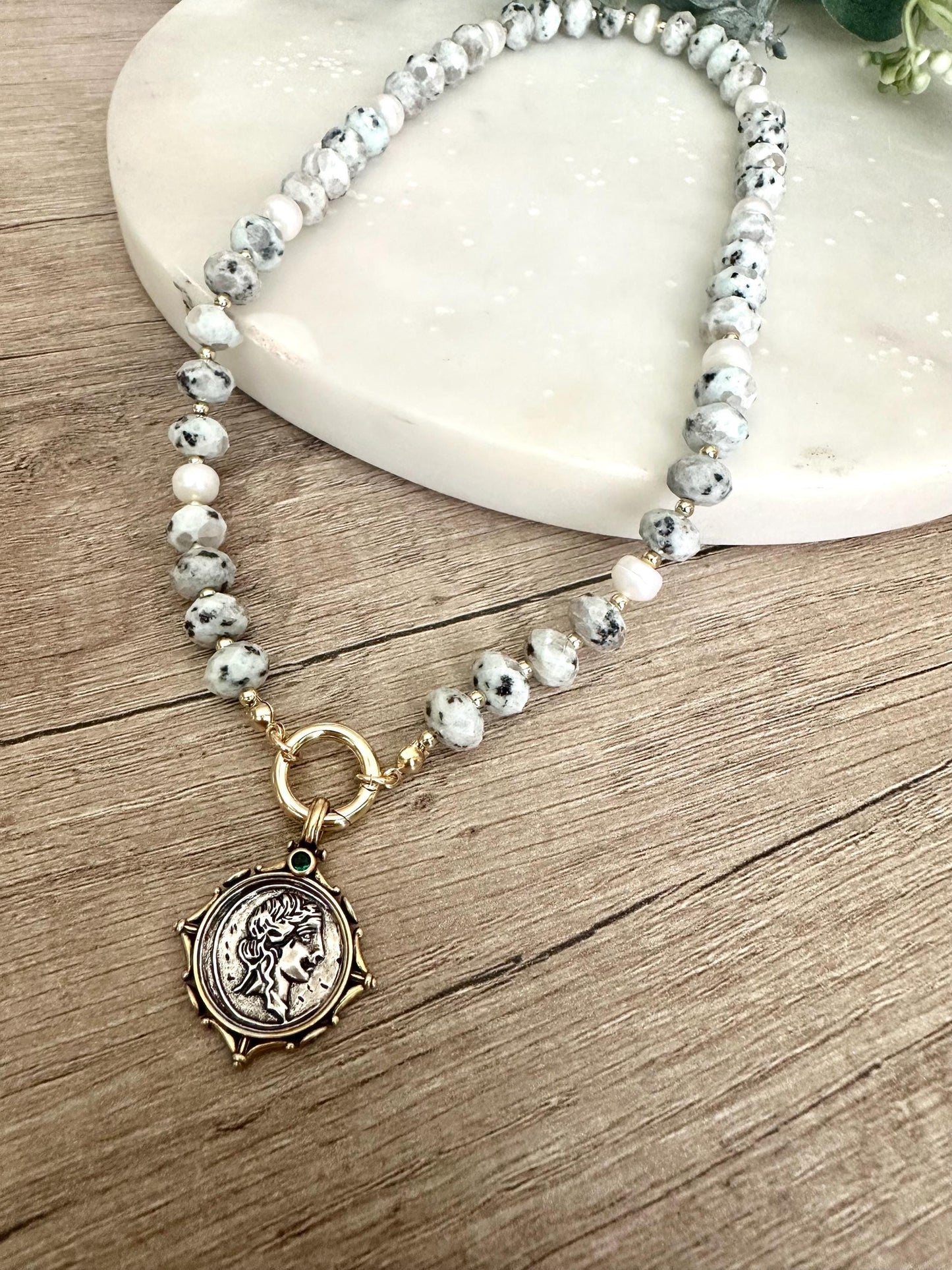 Light Green Kiwi Jasper Beaded Coin Pendant Necklace