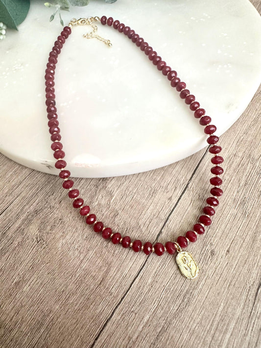 Ruby Red Jade Beaded Necklace with a Rose Pendant