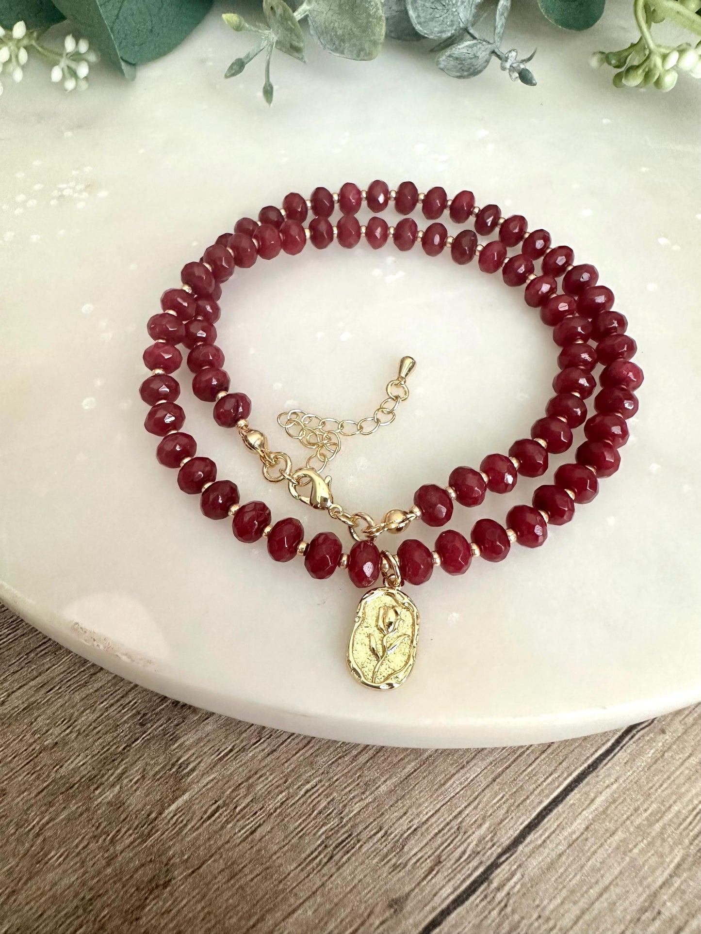 Ruby Red Jade Beaded Necklace with a Rose Pendant