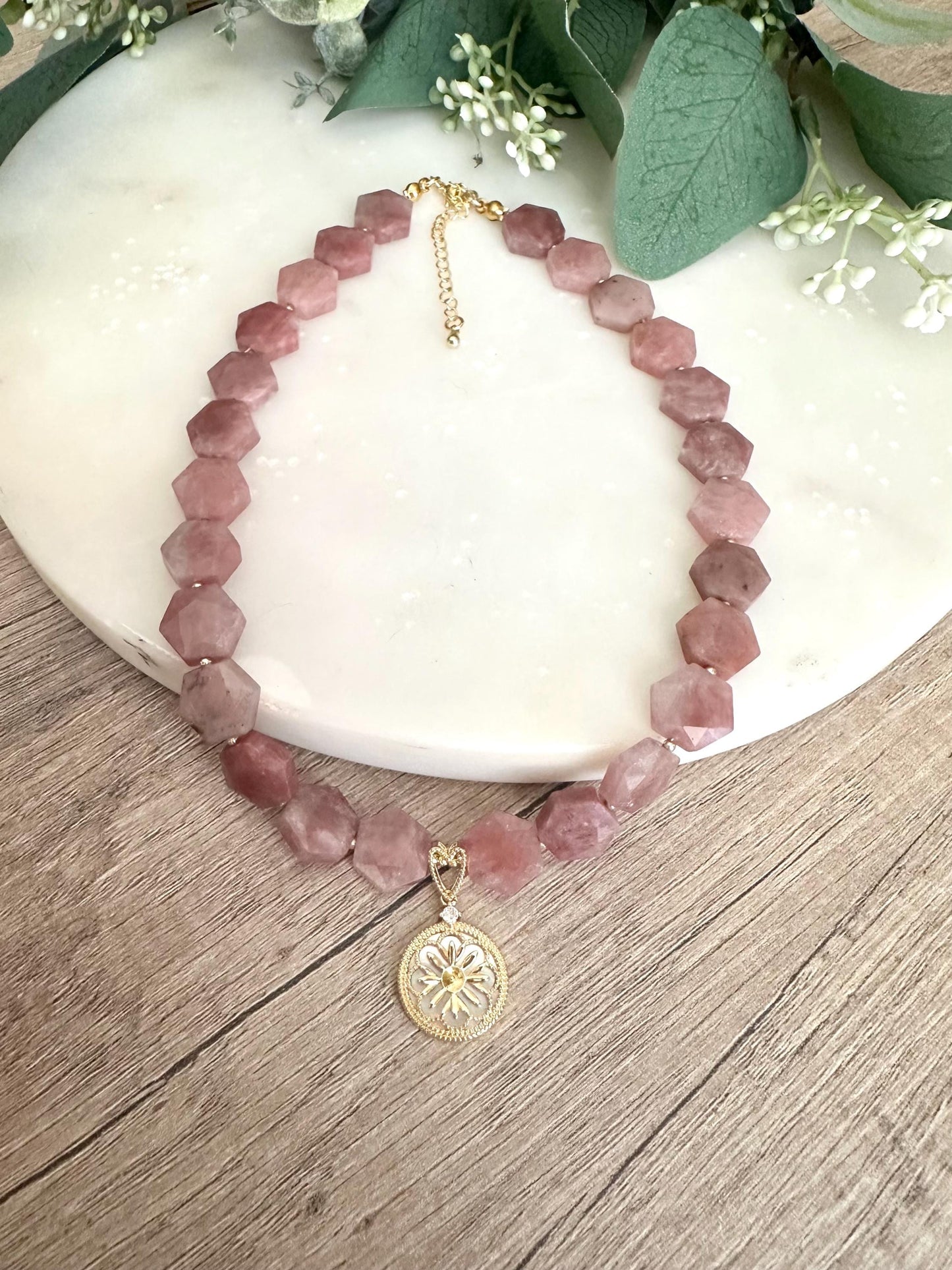 Strawberry Jade Beaded Necklace with Filigree Pendant -Gift-Wedding-Bridesmaid