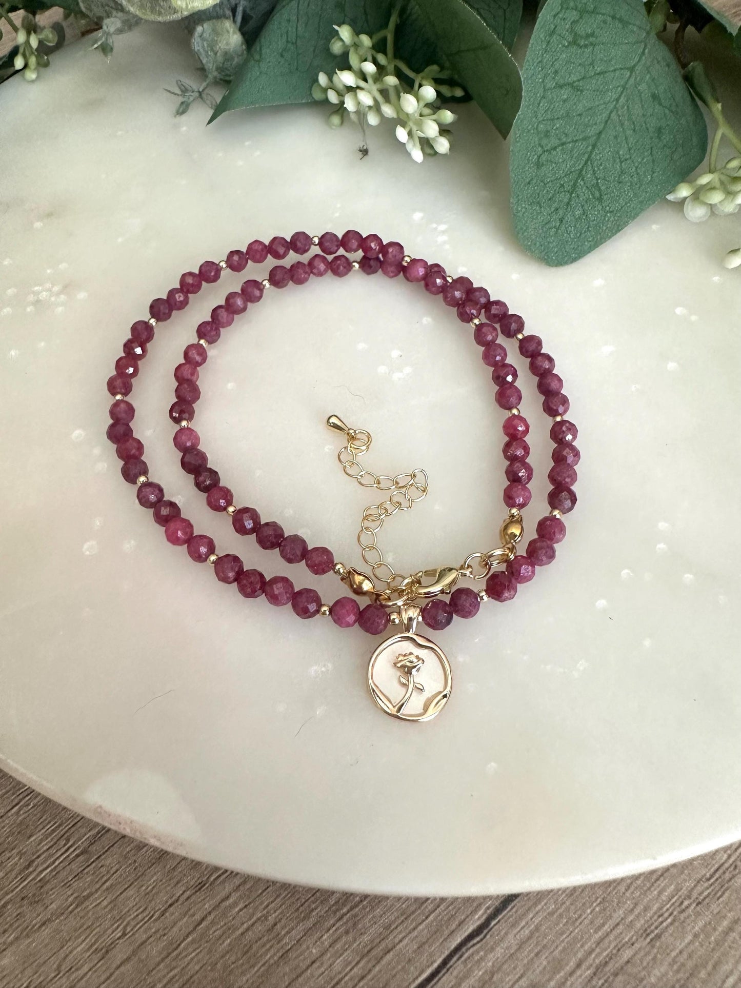 Natural Ruby Beaded Necklace with Rose Pendant -Gift-Wedding-Bridesmaid