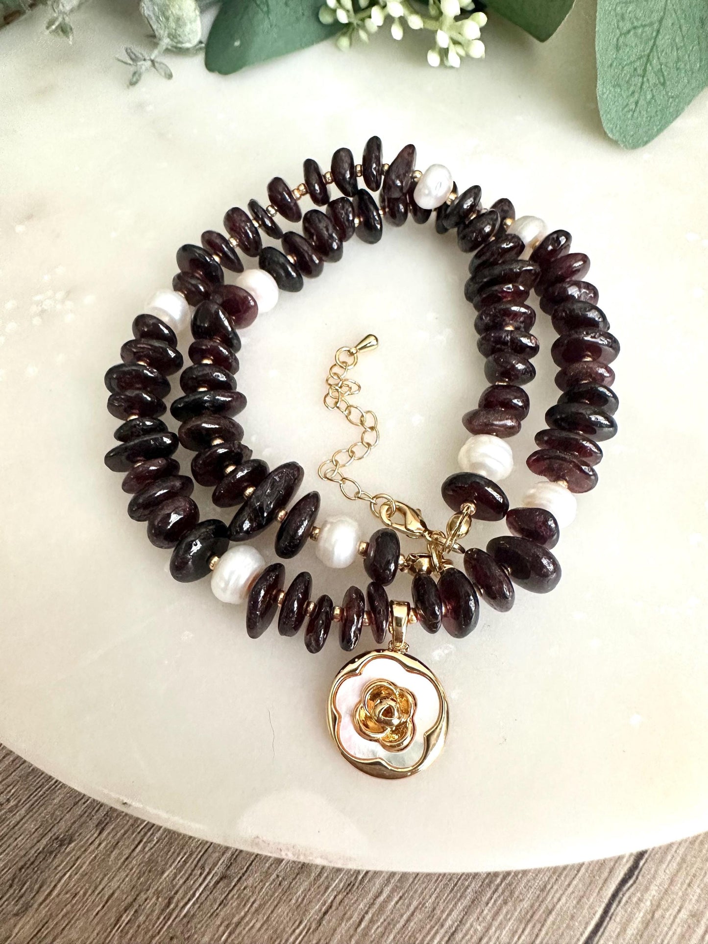 Garnet and Freshwater Peals Beaded Necklace with Rose Pendant -Gift-Wedding-Bridesmaid