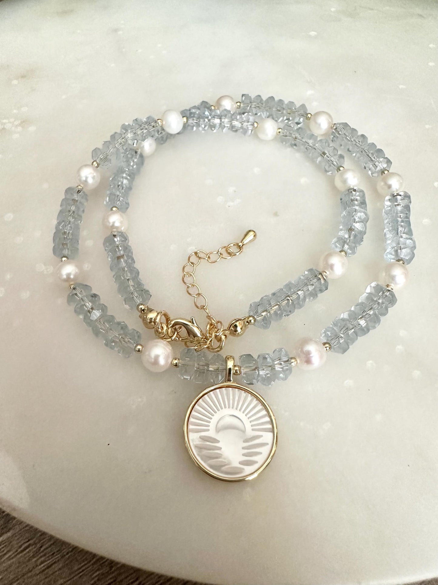 Blue Quartz Freshwater Pearl Beaded Necklace with a Sunset Mother of Pearl Pendant Necklaces -Gift-Wedding-Bridesmaid