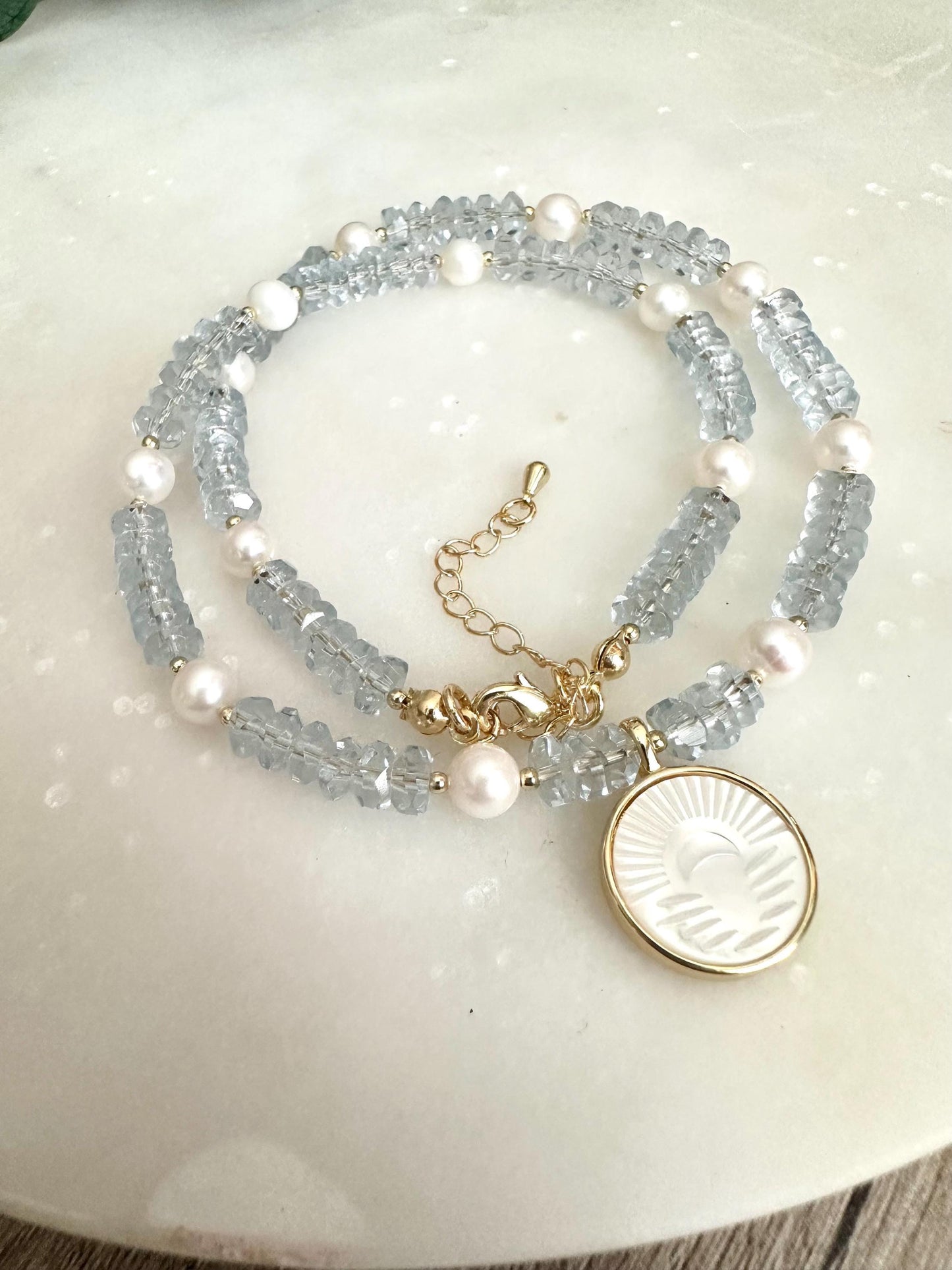 Blue Quartz Freshwater Pearl Beaded Necklace with a Sunset Mother of Pearl Pendant Necklaces -Gift-Wedding-Bridesmaid