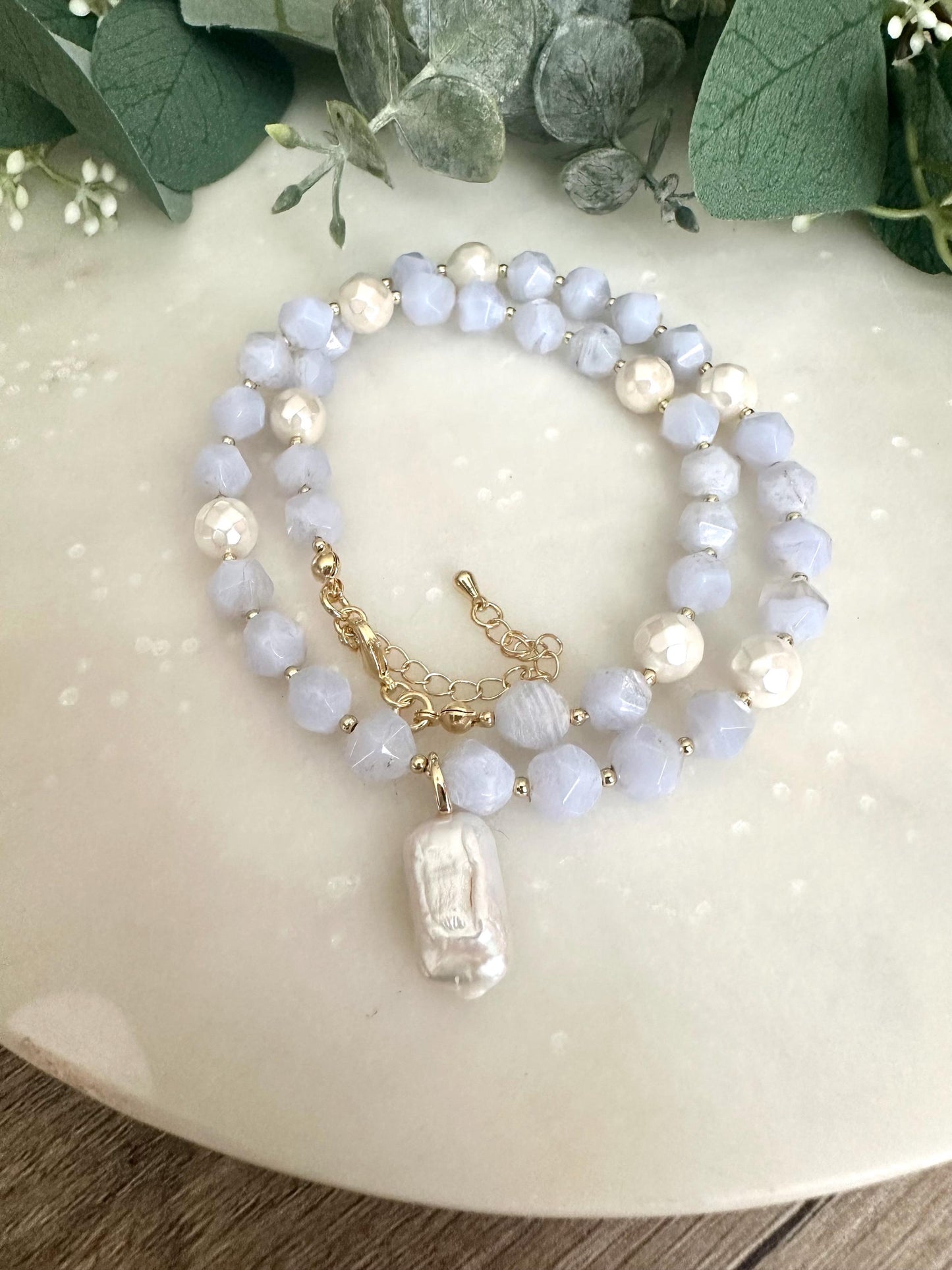Blue Lace Chalcedony Beaded Pearl Pendant Necklace -Gift-Wedding-Bridesmaids