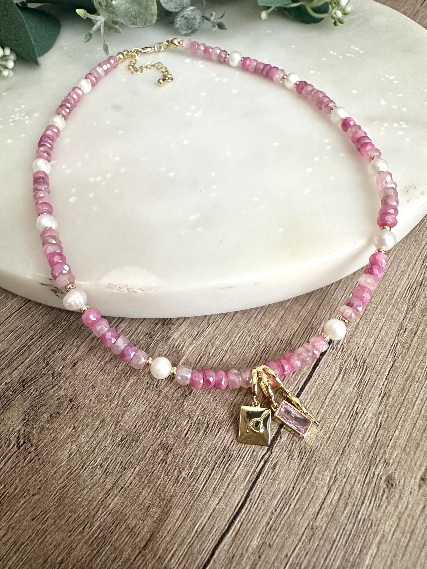 Pink Moonstone with Pearls Beaded Love Letter Necklace