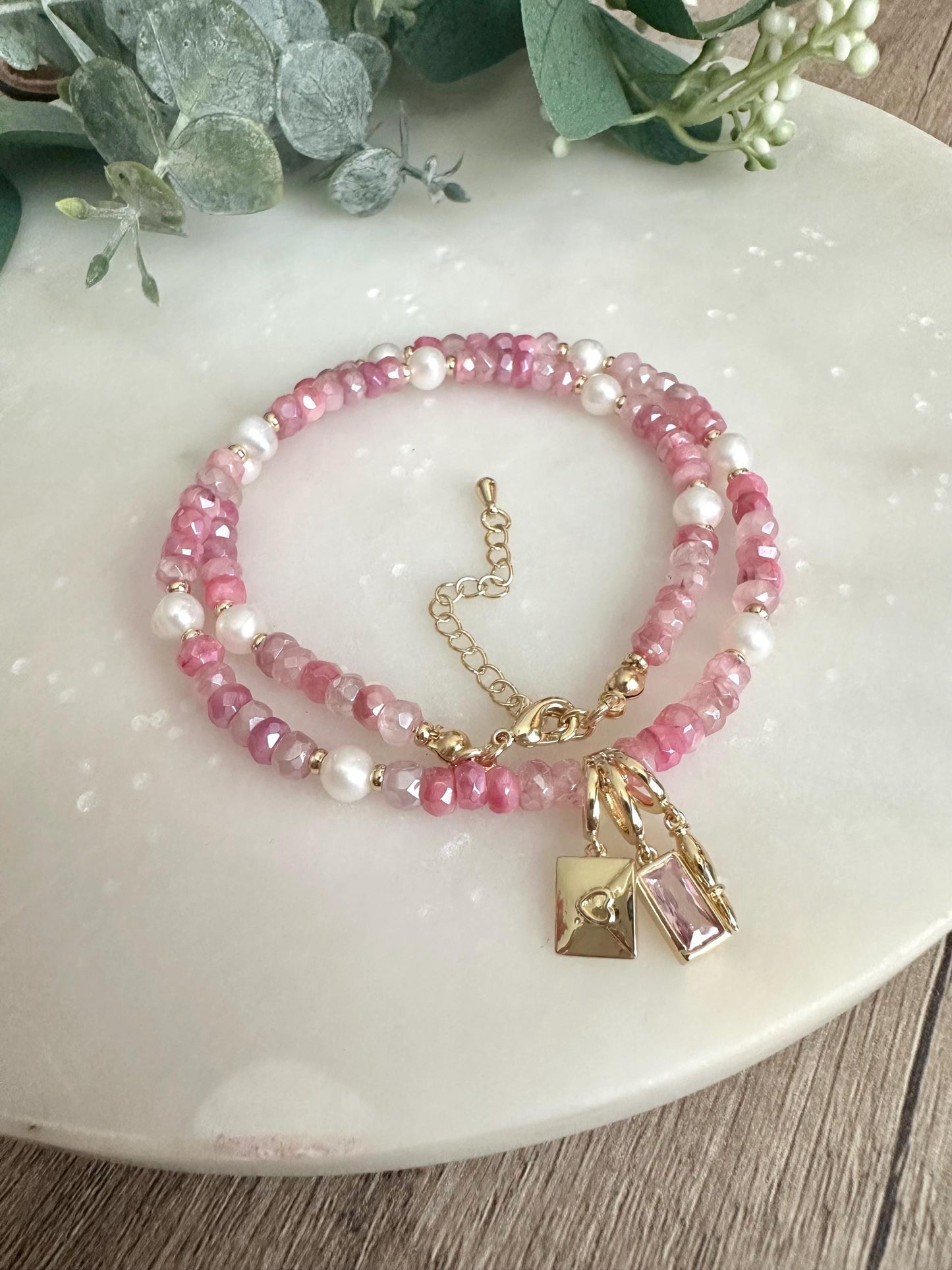 Pink Moonstone with Pearls Beaded Love Letter Necklace