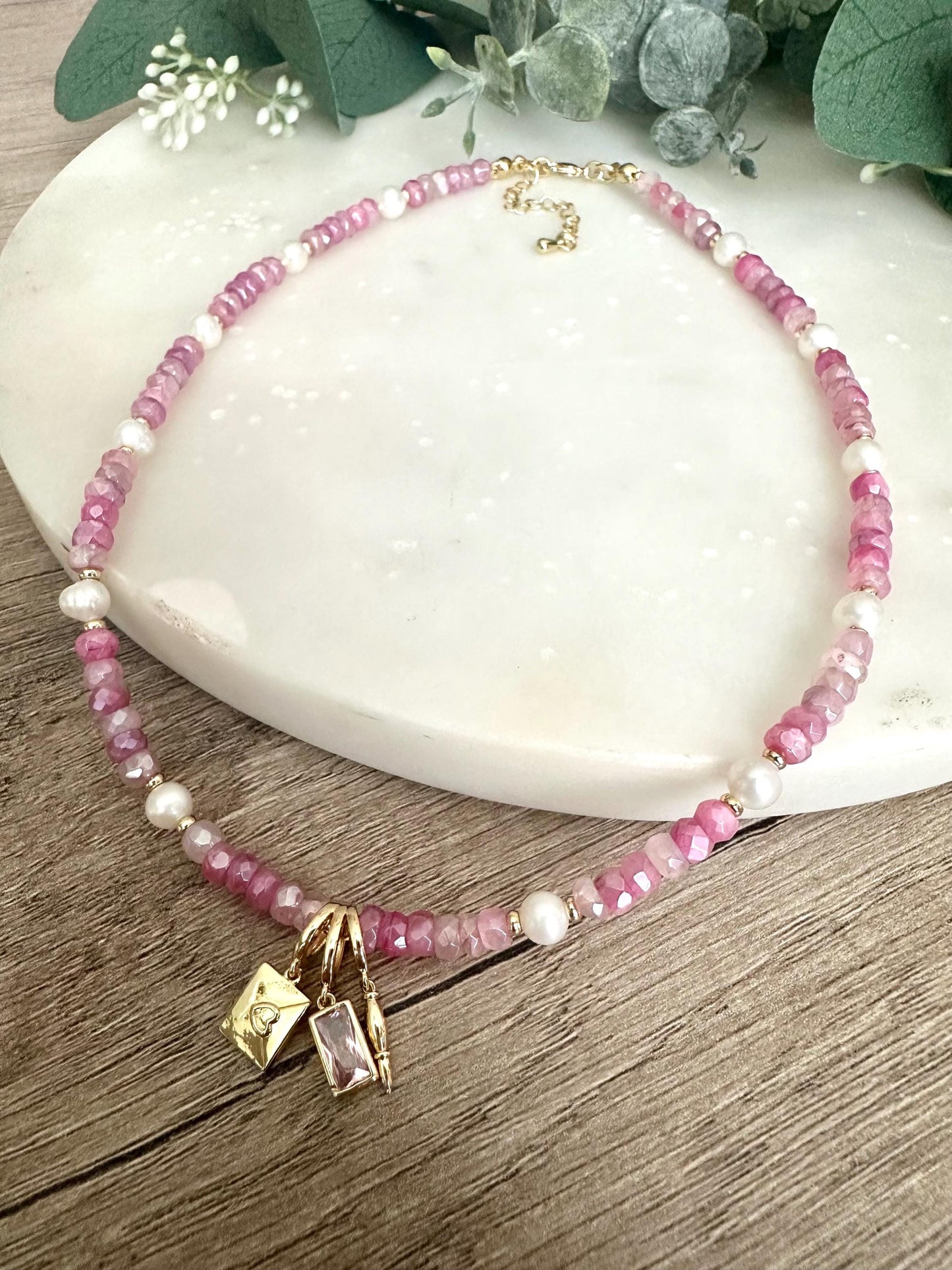 Pink Moonstone with Pearls Beaded Love Letter Necklace