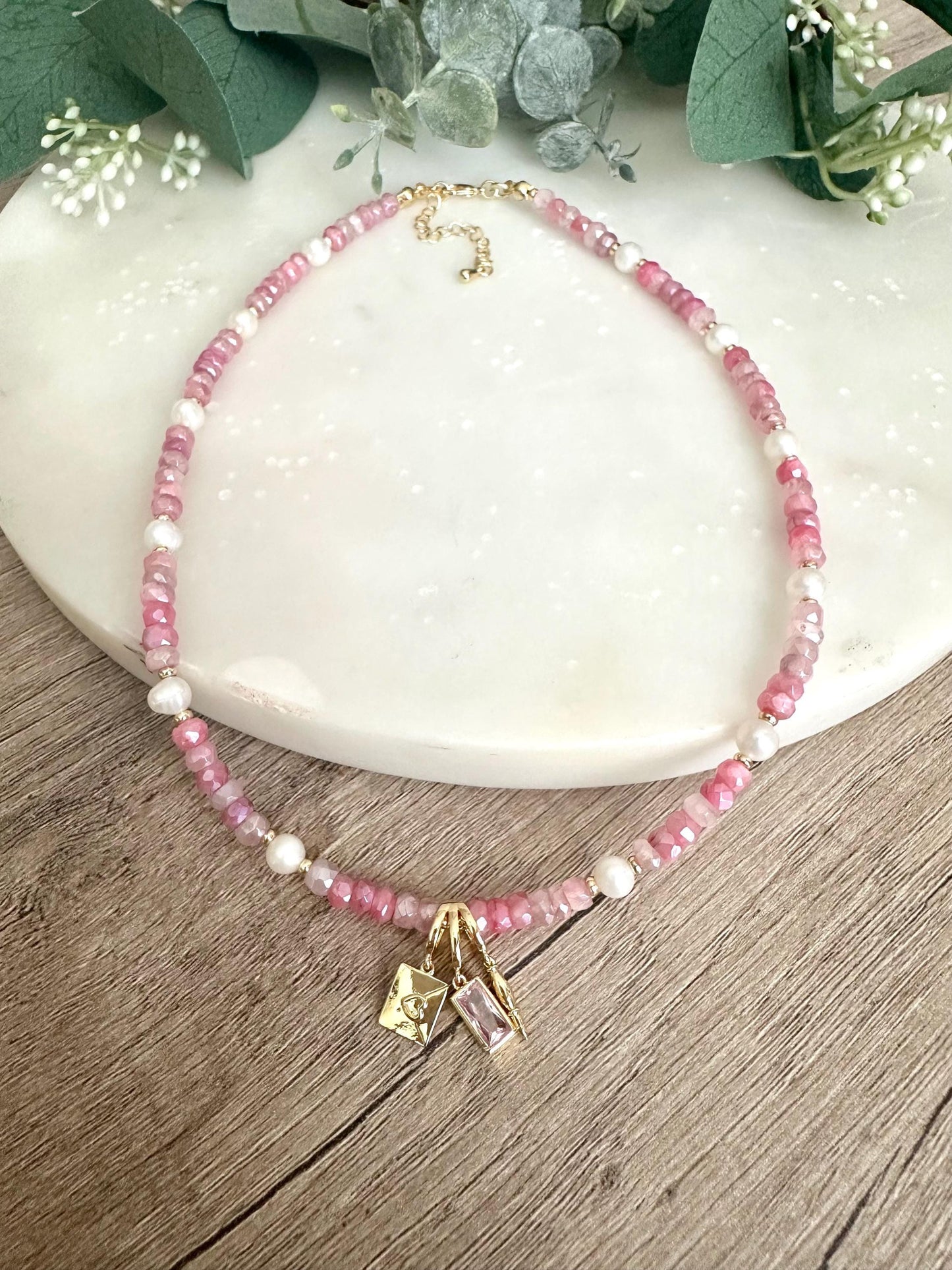 Pink Moonstone with Pearls Beaded Love Letter Necklace