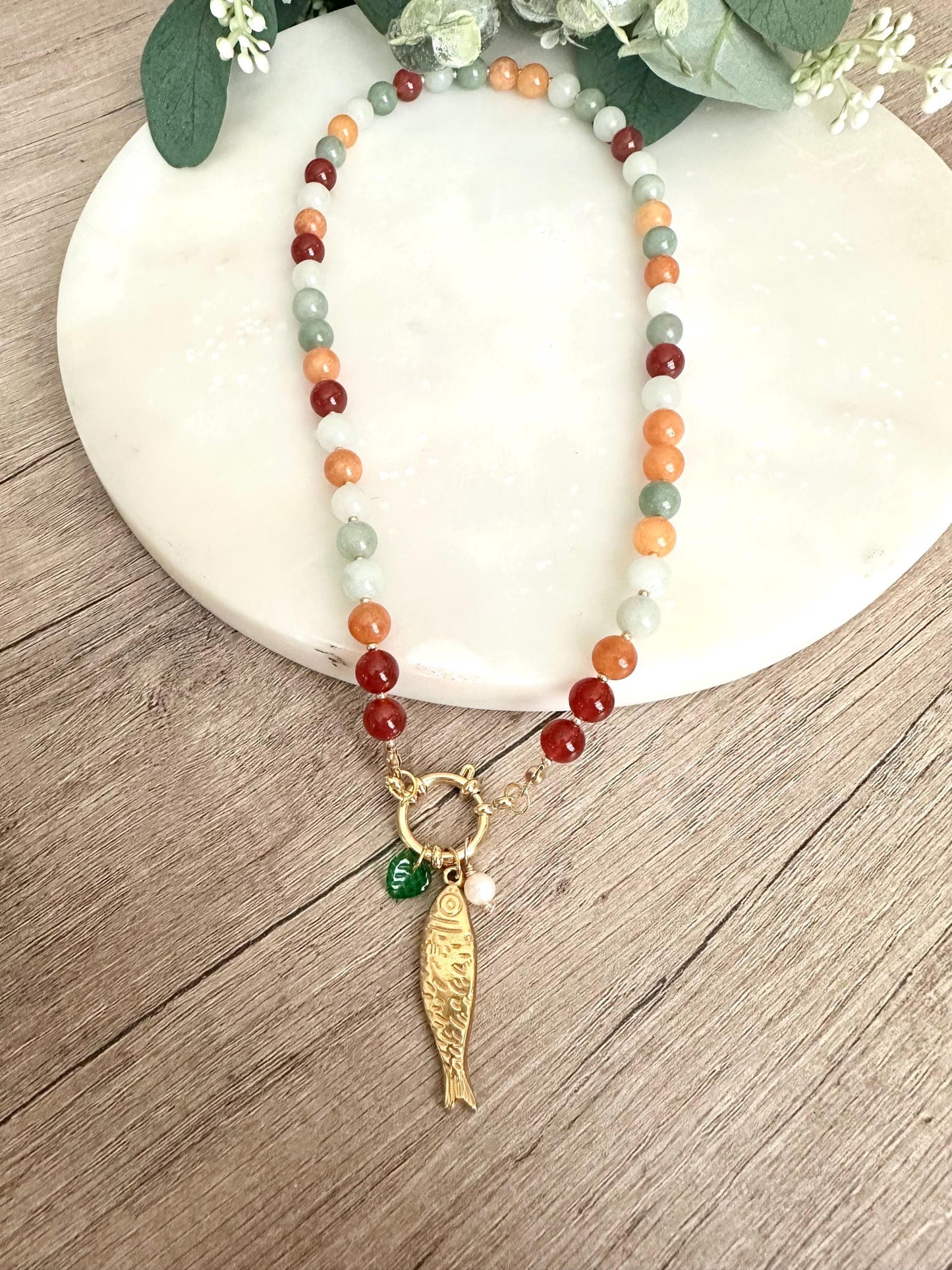 Autumn Multi color Beads Necklace with Fish Charm
