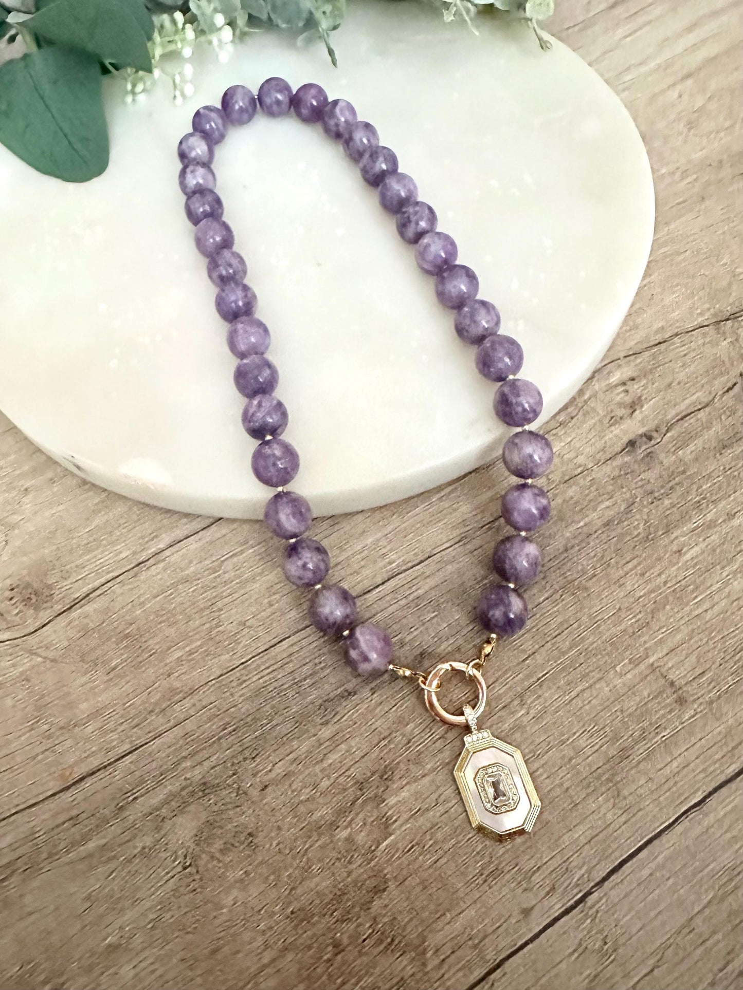 Purple Lepidolite Beaded Necklace with a Nother of Pearl Cz Pendant-Gift for Her-Wedding-Bridesmaid