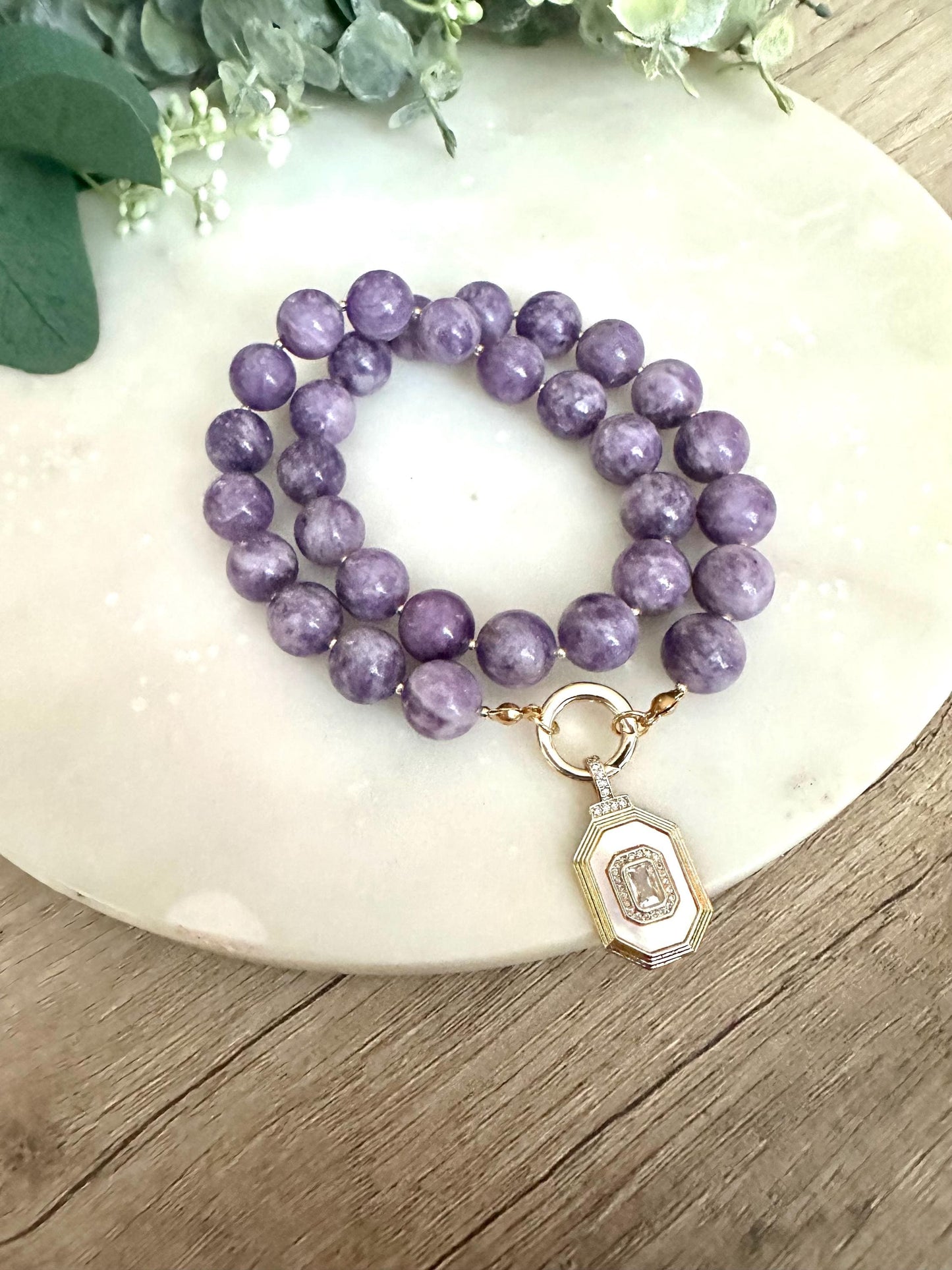 Purple Lepidolite Beaded Necklace with a Nother of Pearl Cz Pendant-Gift for Her-Wedding-Bridesmaid