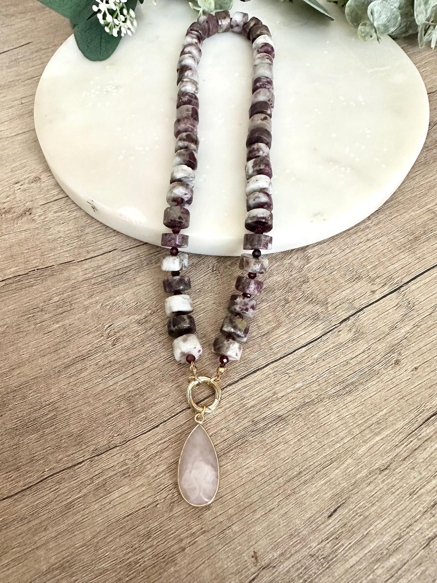 Cherry Tourmaline Beaded Necklace Stone Pendant Chunky Necklaces -Gift-Wedding-Bridesmaid