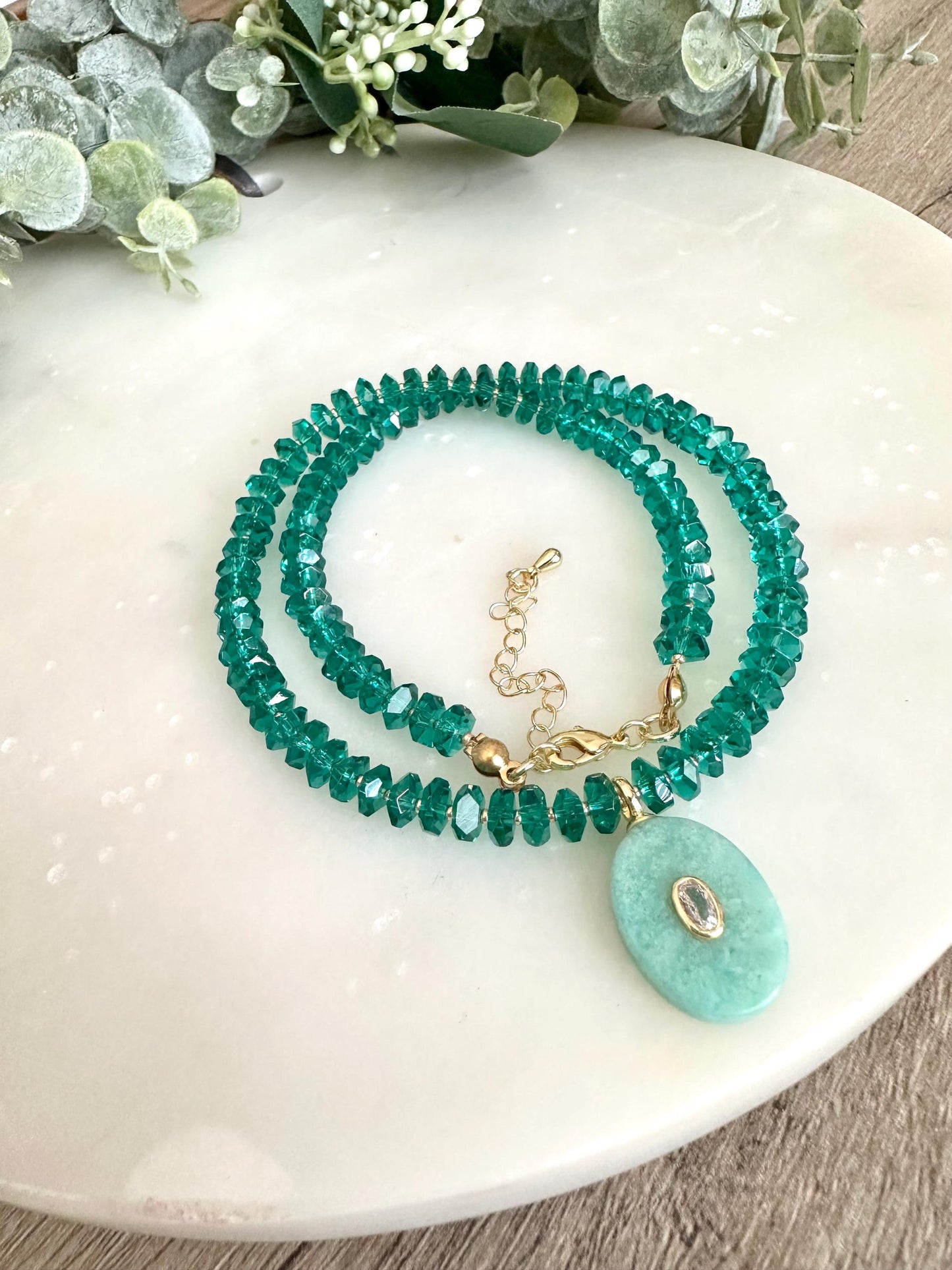 Green Quartz  Beaded Necklace with a Amazonite Pendant Necklaces -Gift-Wedding-Bridesmaid