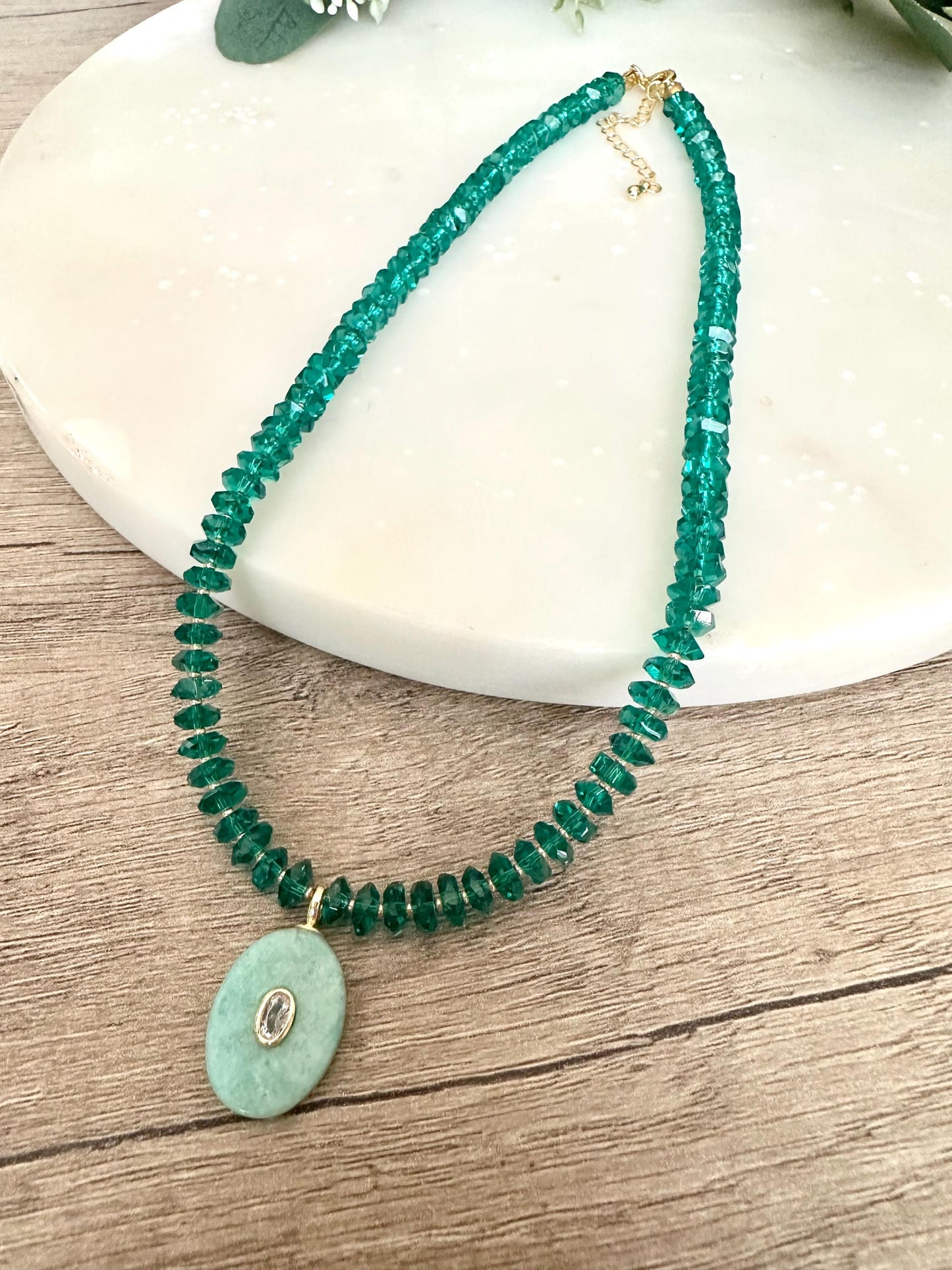 Green Quartz  Beaded Necklace with a Amazonite Pendant Necklaces -Gift-Wedding-Bridesmaid