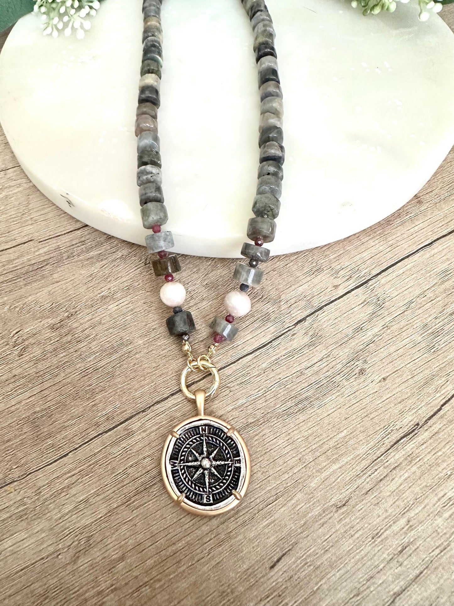 Blue Black Labradorite Beaded Necklace Coin Compass Pendant Chunky Necklaces -Gift-Wedding-Bridesmaid