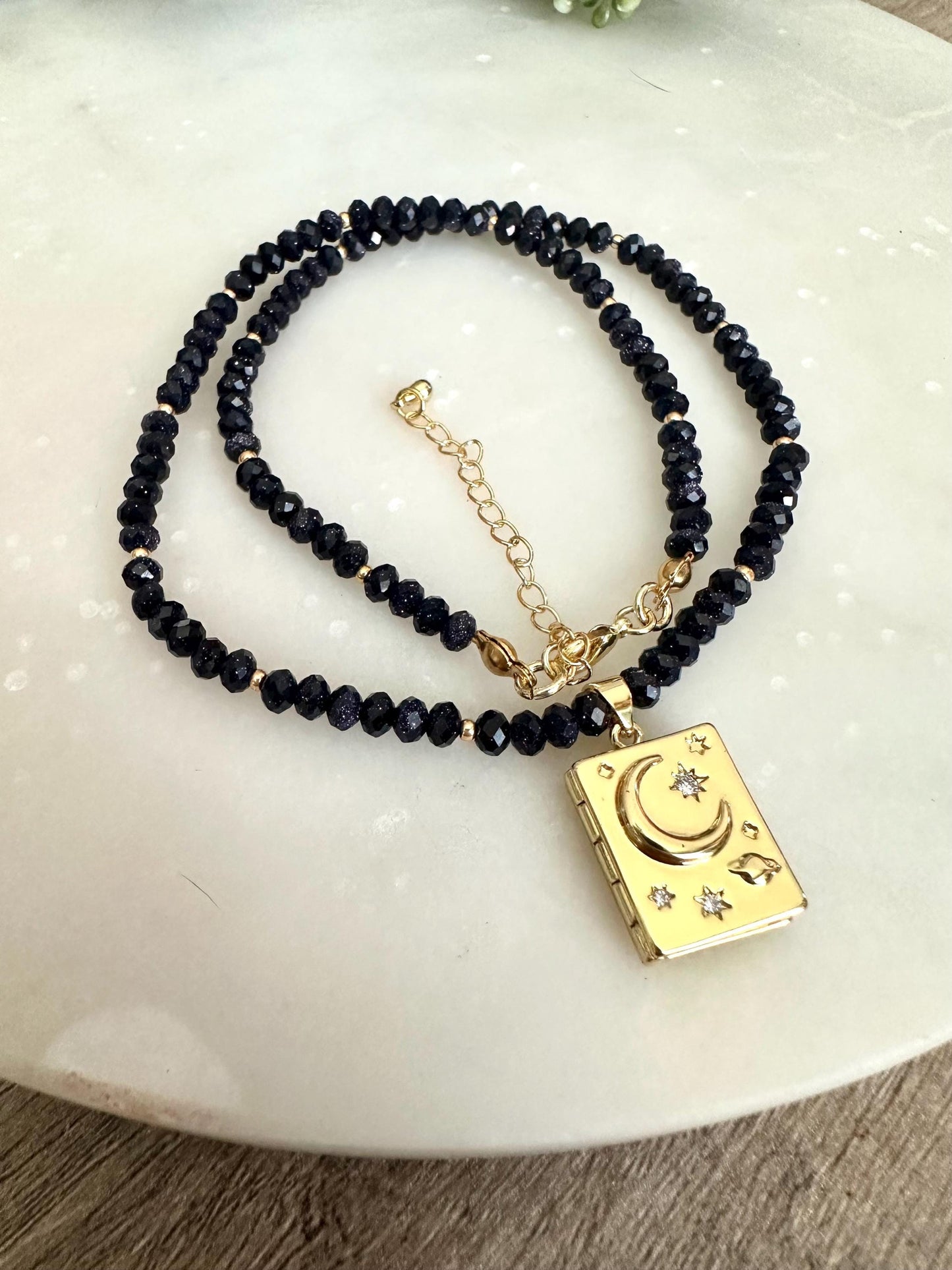 Book Locket With Blue Sandstone Beaded Necklace -Gift-Wedding-Bridesmaid