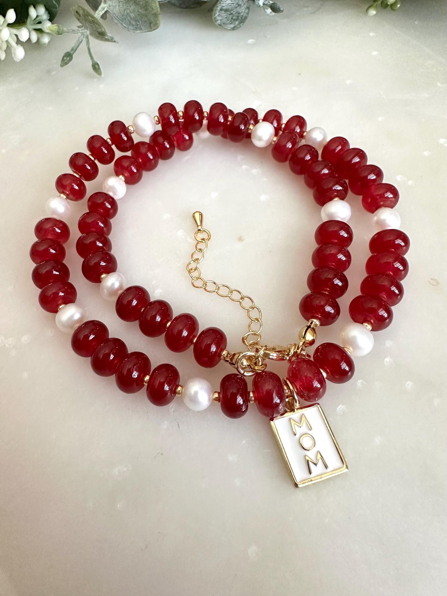 Ruby Red Jade and Freshwater Peals Beaded Necklace with Mom Pendant -Gift-Wedding-Bridesmaid