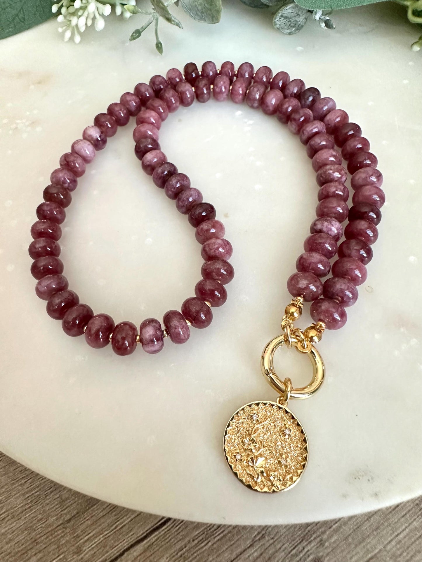 Plum Purple Jade Beaded Necklace with Flower Coin Pendant- Gift for Her