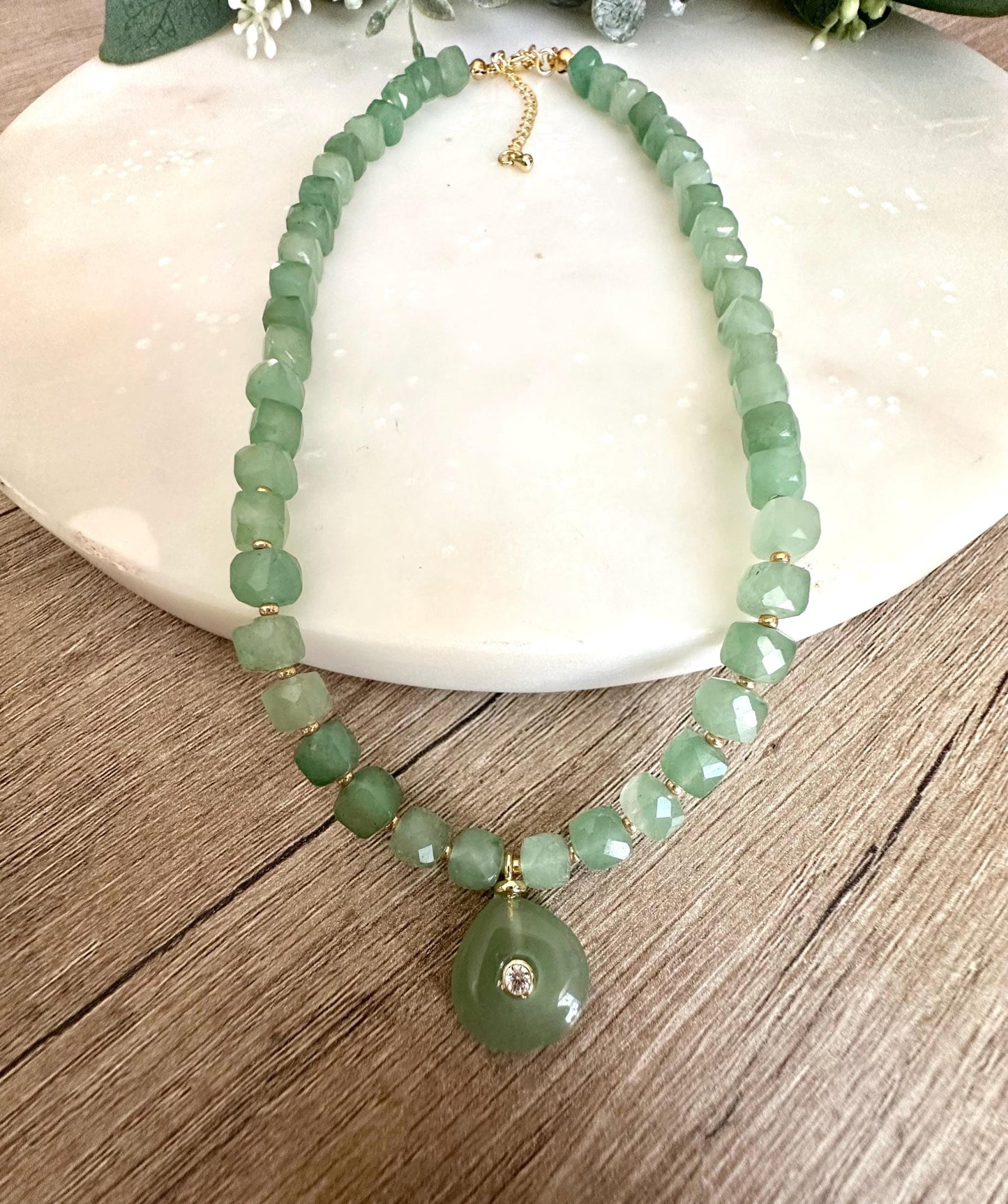 Green Aventurine and  Beaded Necklace with Pendant -Gift-Wedding-Bridesmaid