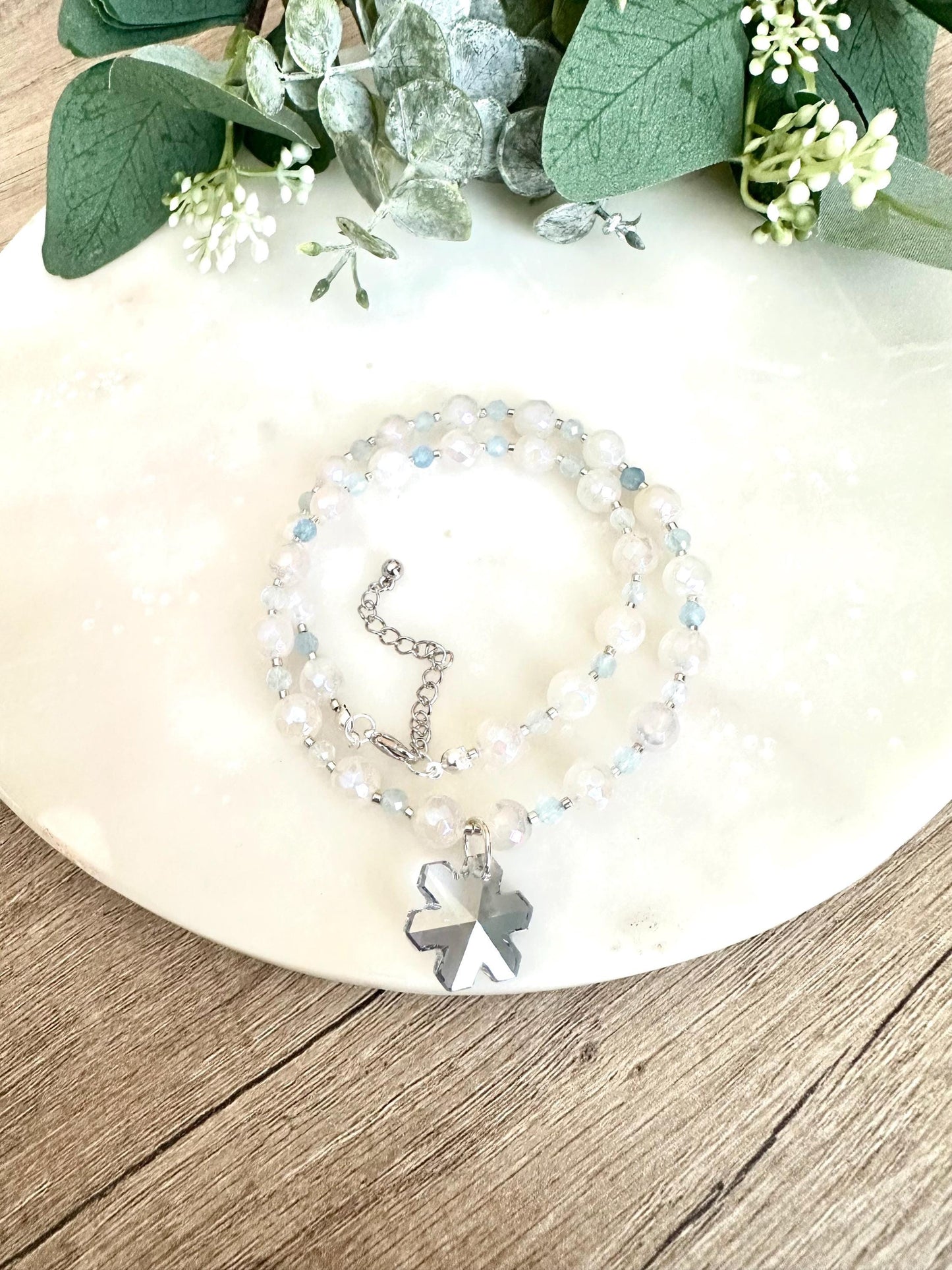 Mystic White Chalcedony Necklace • Aquamarine Beaded Necklace • Swarovski Blue Snowflake Pendant • Silver Plated Jewelry • Winter Gemstone