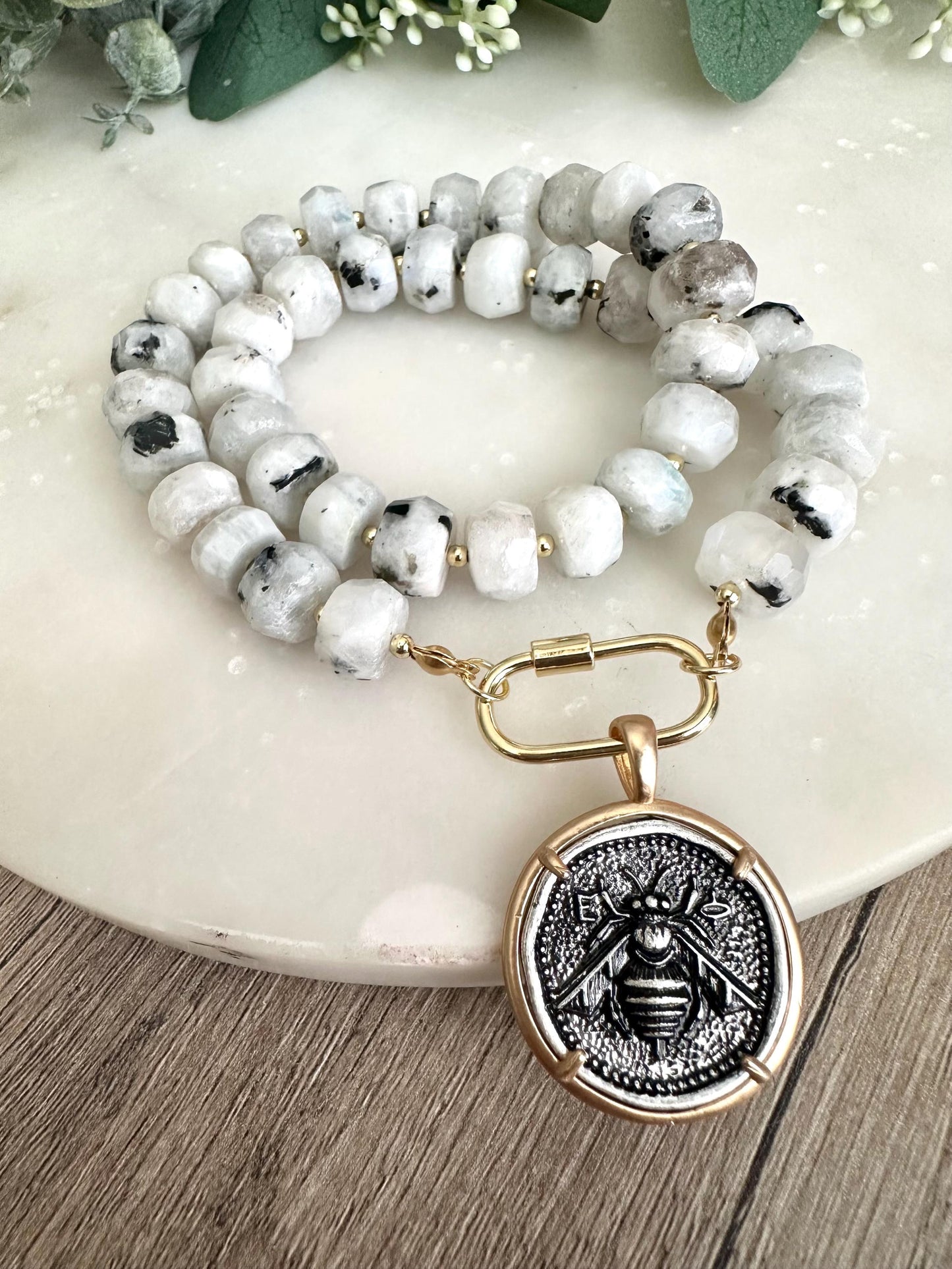 White with Black Moonstone Beaded Necklace Bee Pendant Chunky Necklaces -Gift-Wedding-Bridesmaid