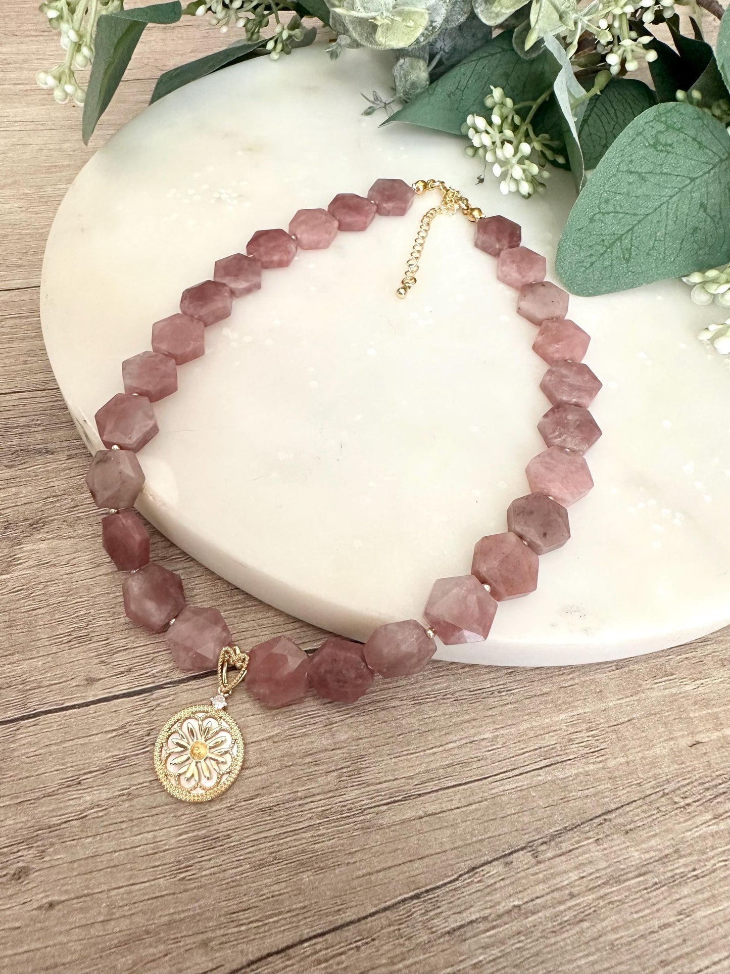 Strawberry Jade Beaded Necklace with Filigree Pendant -Gift-Wedding-Bridesmaid