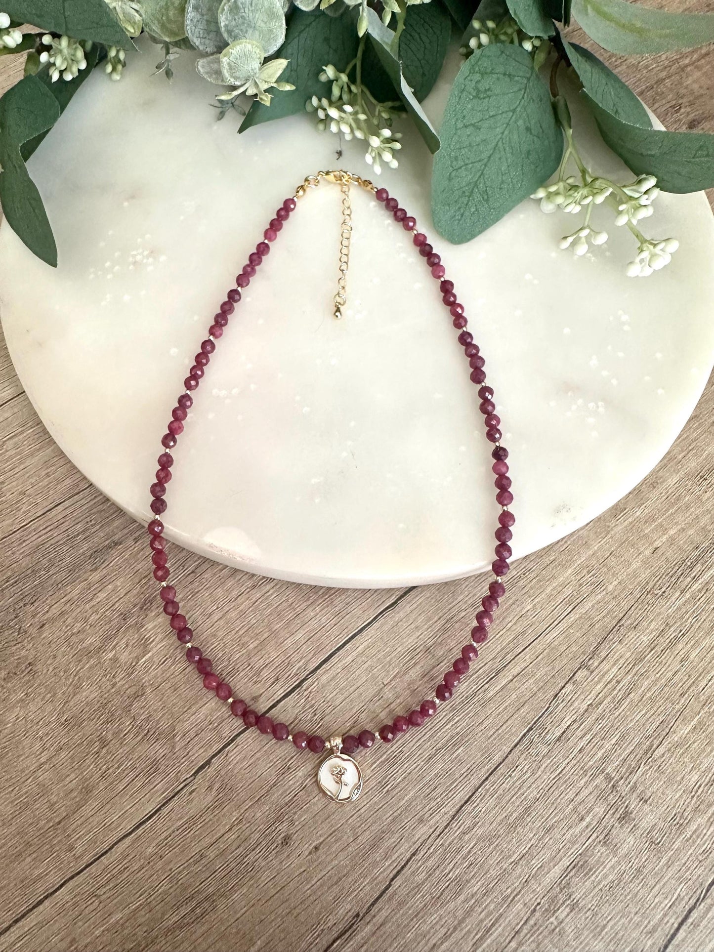 Natural Ruby Beaded Necklace with Rose Pendant -Gift-Wedding-Bridesmaid