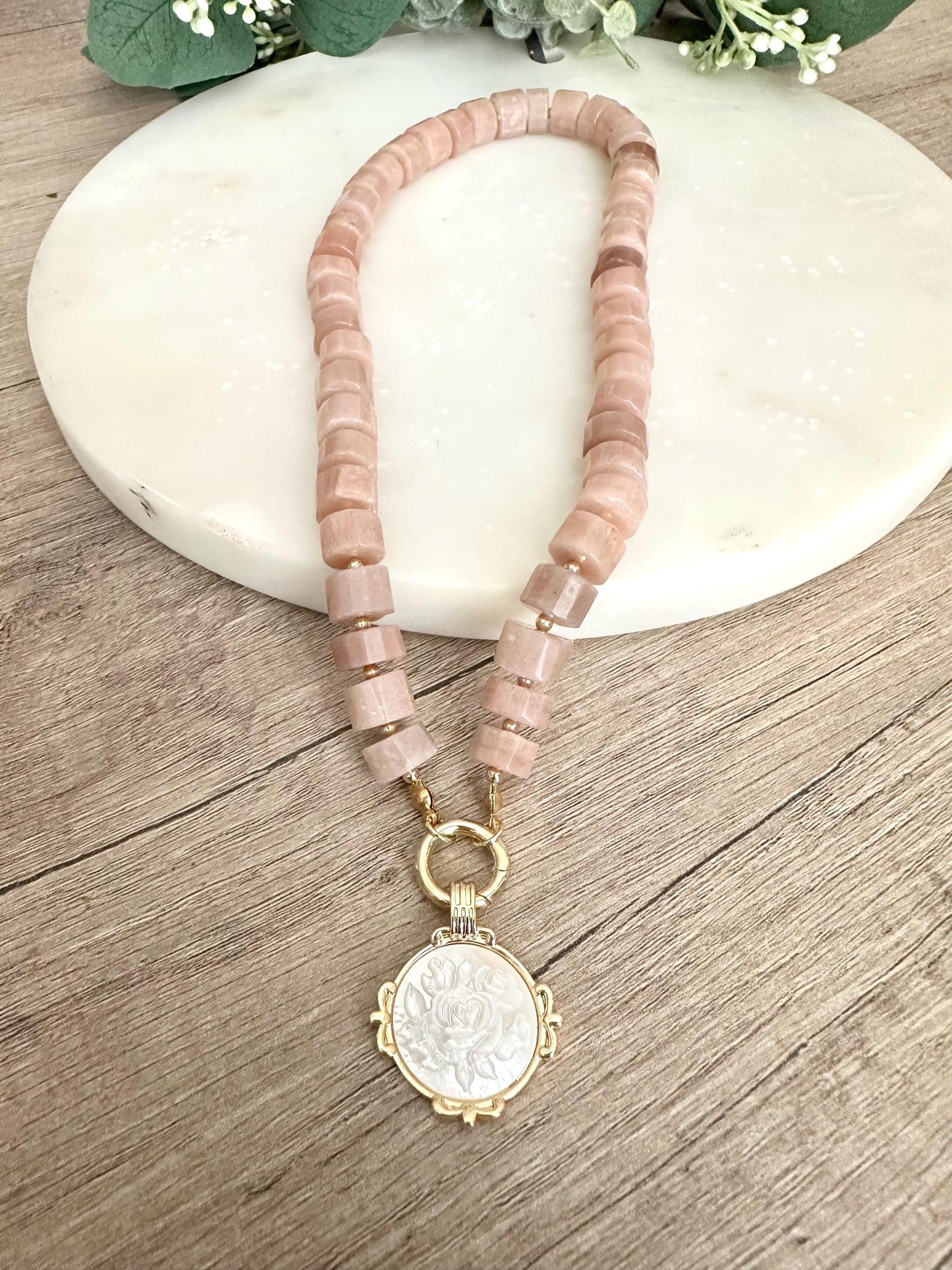 Peach Moonstone Beaded Necklace Locket Rose Coin Pendant Chunky Necklaces -Gift-Wedding-Bridesmaid