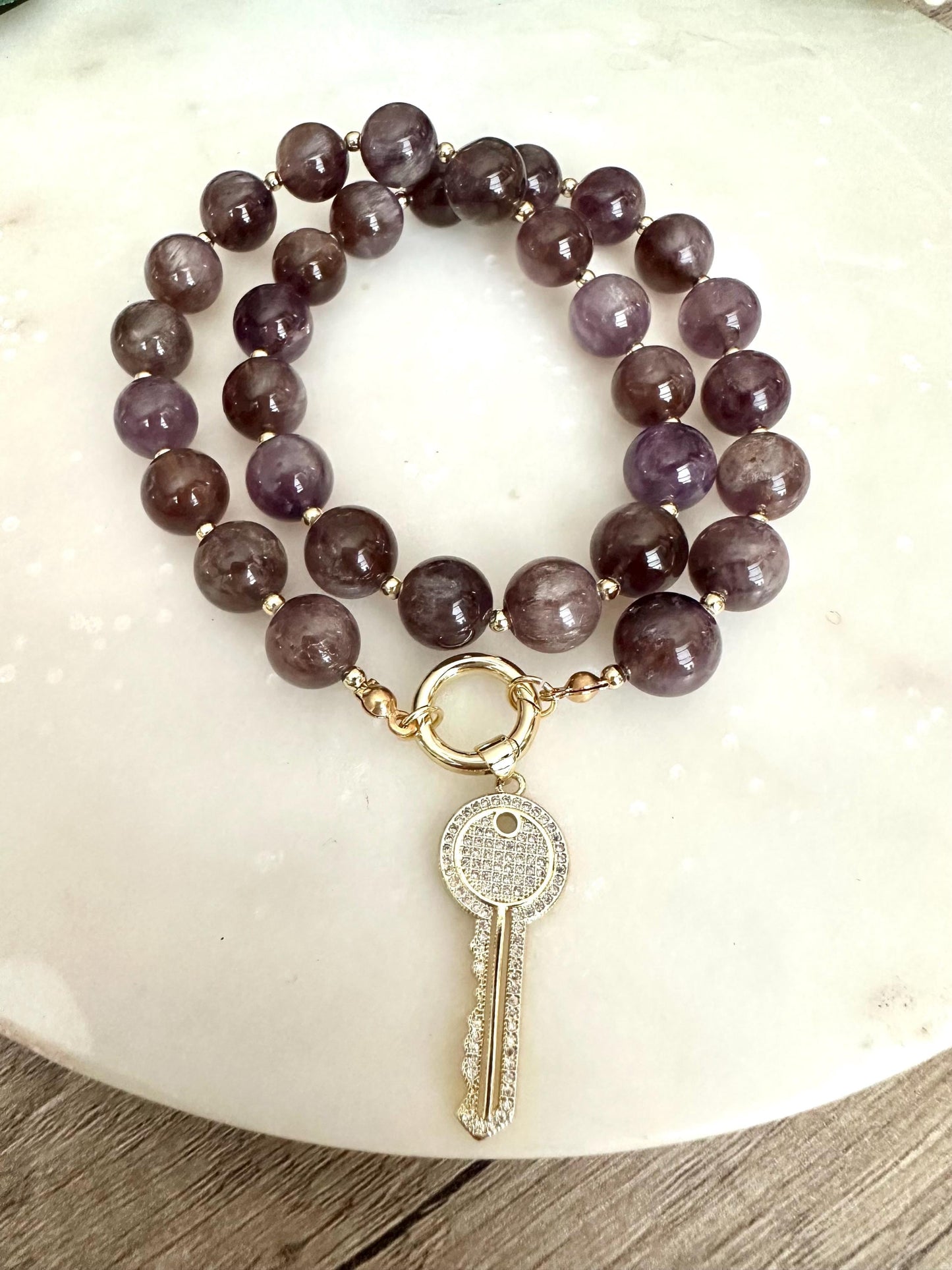 Auralite 23 Cacoxenite Dark Purple Beaded Necklace with a Key Pendant-Gift for Her-Wedding-Bridesmaid