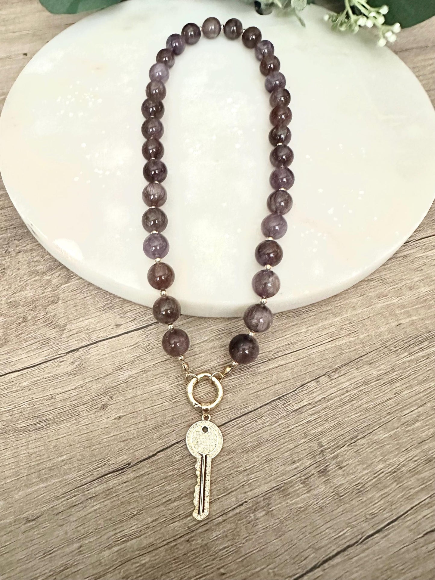 Auralite 23 Cacoxenite Dark Purple Beaded Necklace with a Key Pendant-Gift for Her-Wedding-Bridesmaid