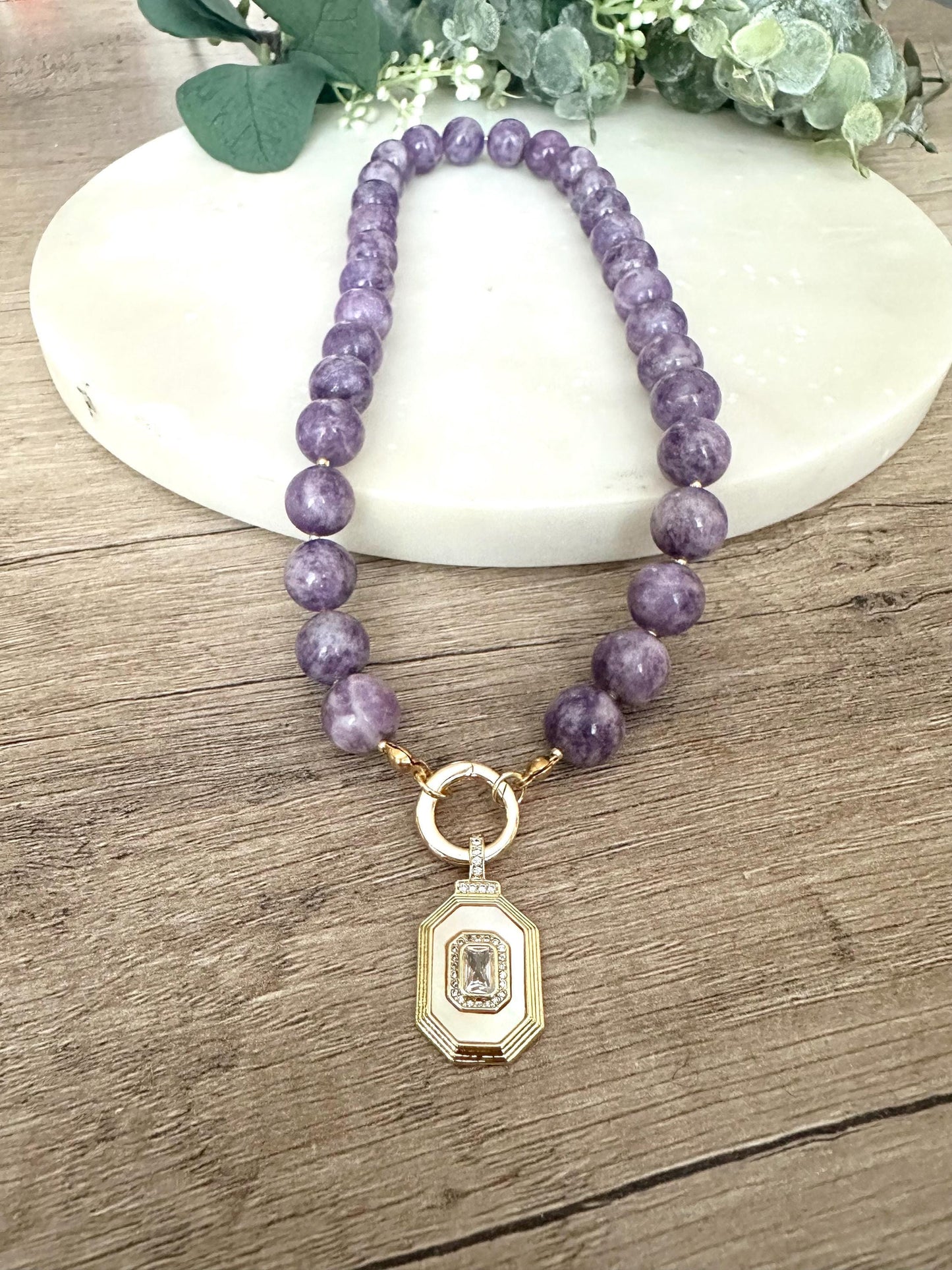 Purple Lepidolite Beaded Necklace with a Nother of Pearl Cz Pendant-Gift for Her-Wedding-Bridesmaid