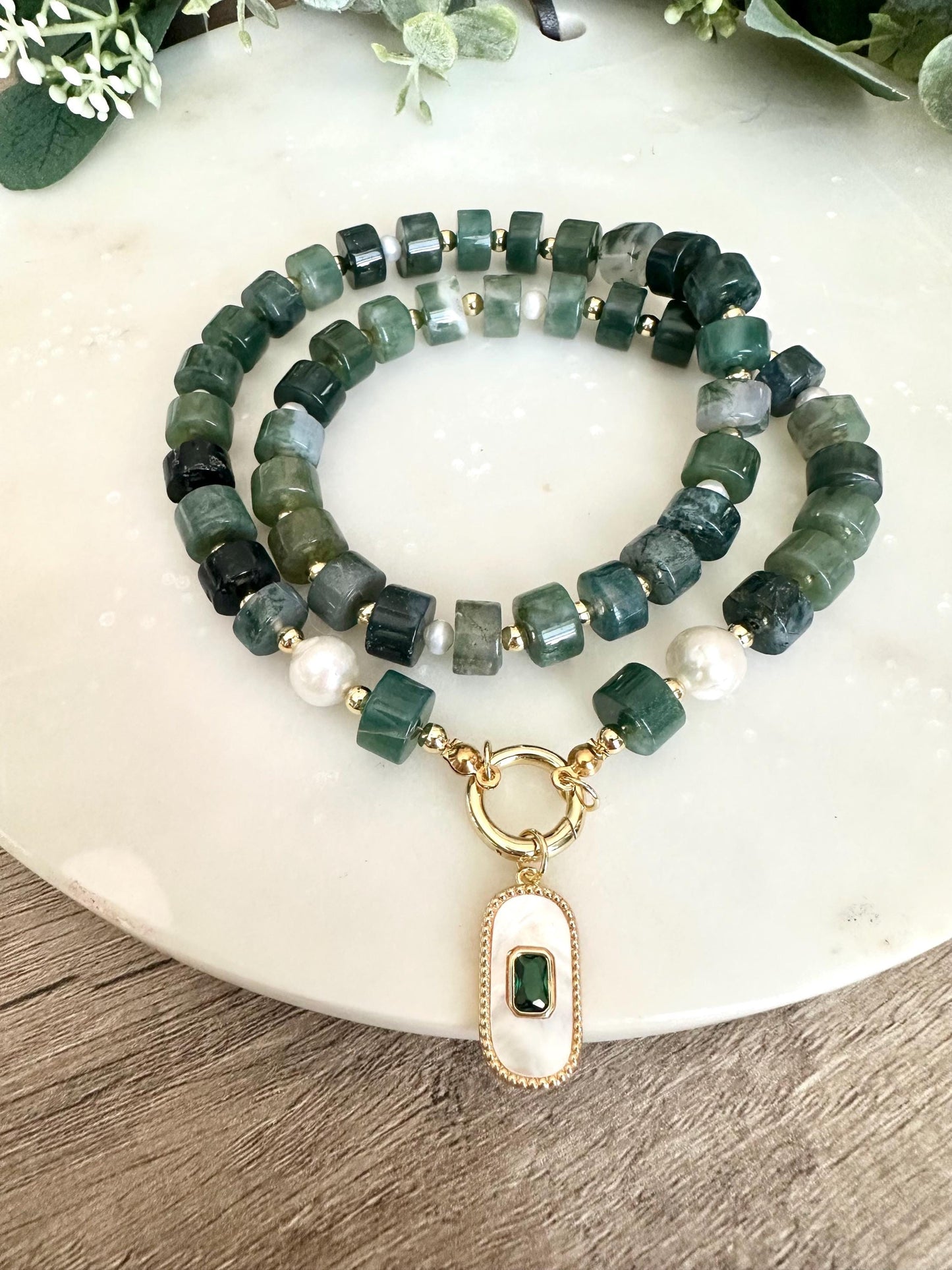 Green Moss Beaded Necklace Stone Pendant Chunky Necklaces -Gift-Wedding-Bridesmaid