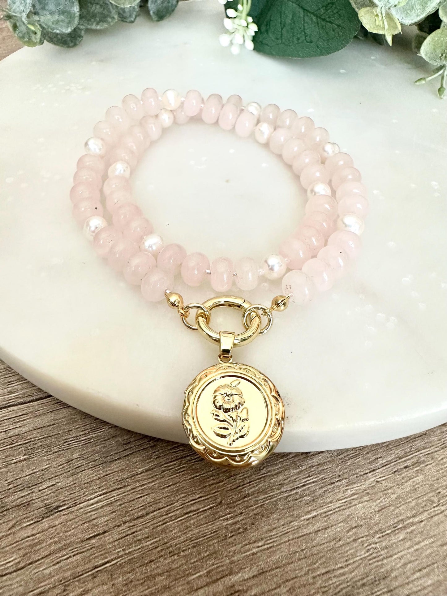 Rose Quartz Freshwater Pearls Beaded Necklace with Rose Locket