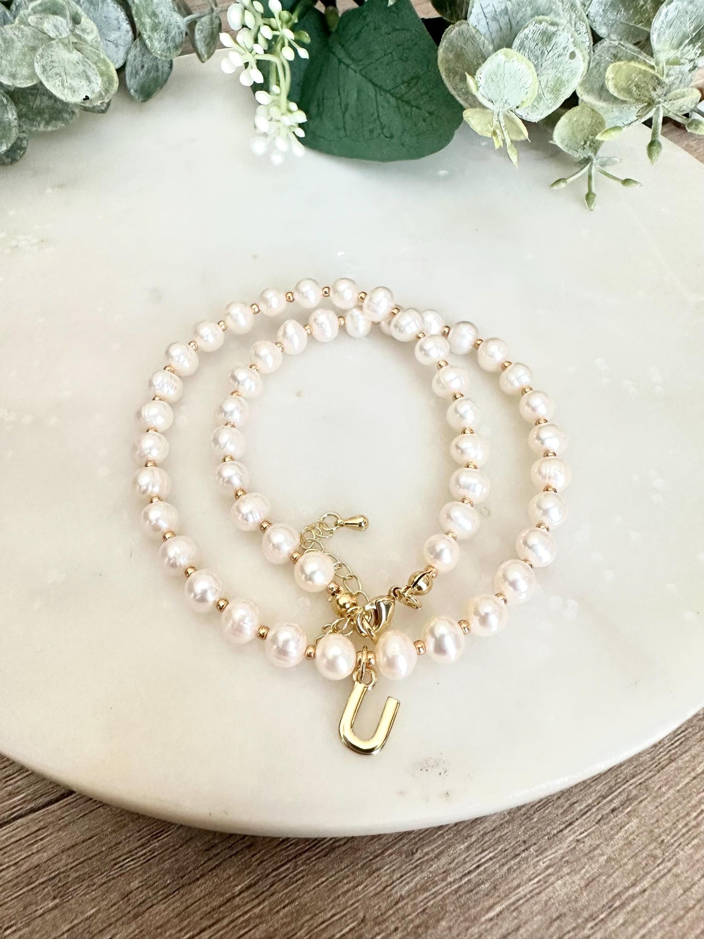 Freshwater Pearl Initial Necklace – Personalized Gold Letter Pendant