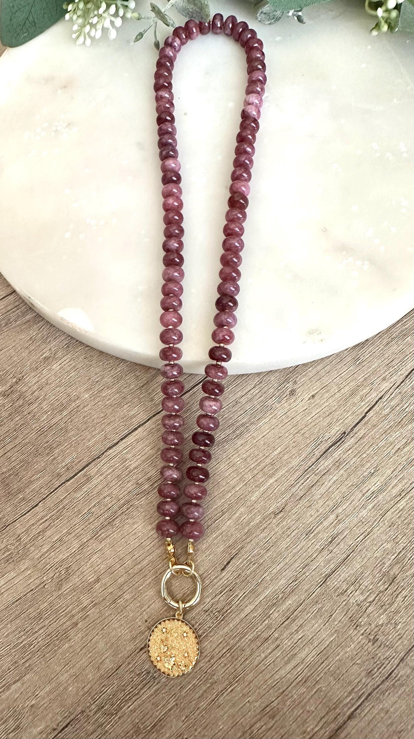 Plum Purple Jade Beaded Necklace with Flower Coin Pendant- Gift for Her