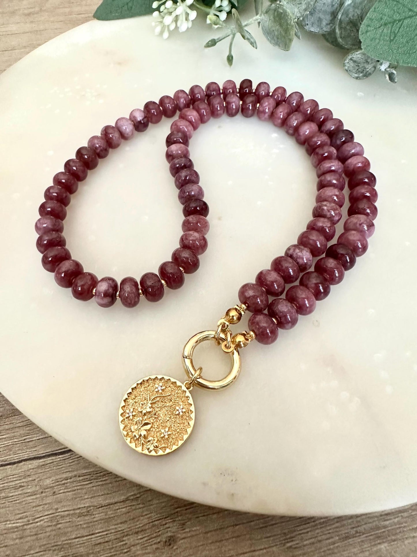 Plum Purple Jade Beaded Necklace with Flower Coin Pendant- Gift for Her