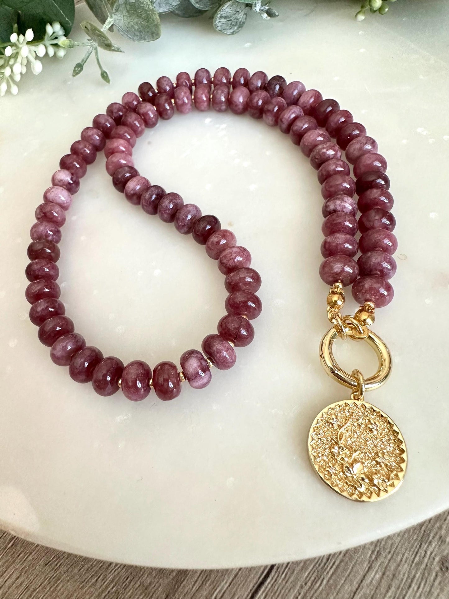 Plum Purple Jade Beaded Necklace with Flower Coin Pendant- Gift for Her