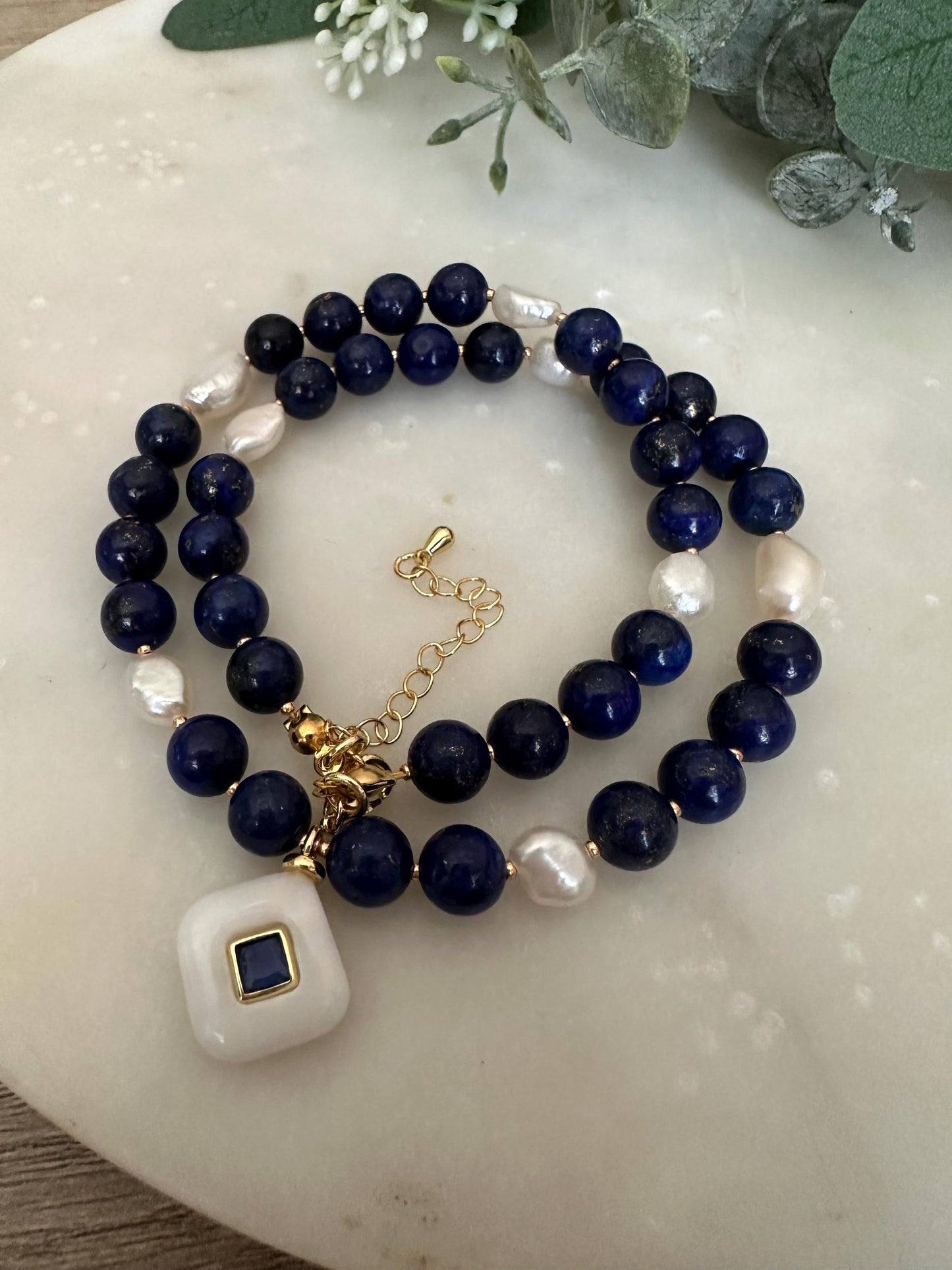 Lapis Lazuli Beaded Necklace • White Quartz Pendant with Blue Crystal • Gold Filled Jewelry • Natural Gemstone Necklace • Handmade Gift for