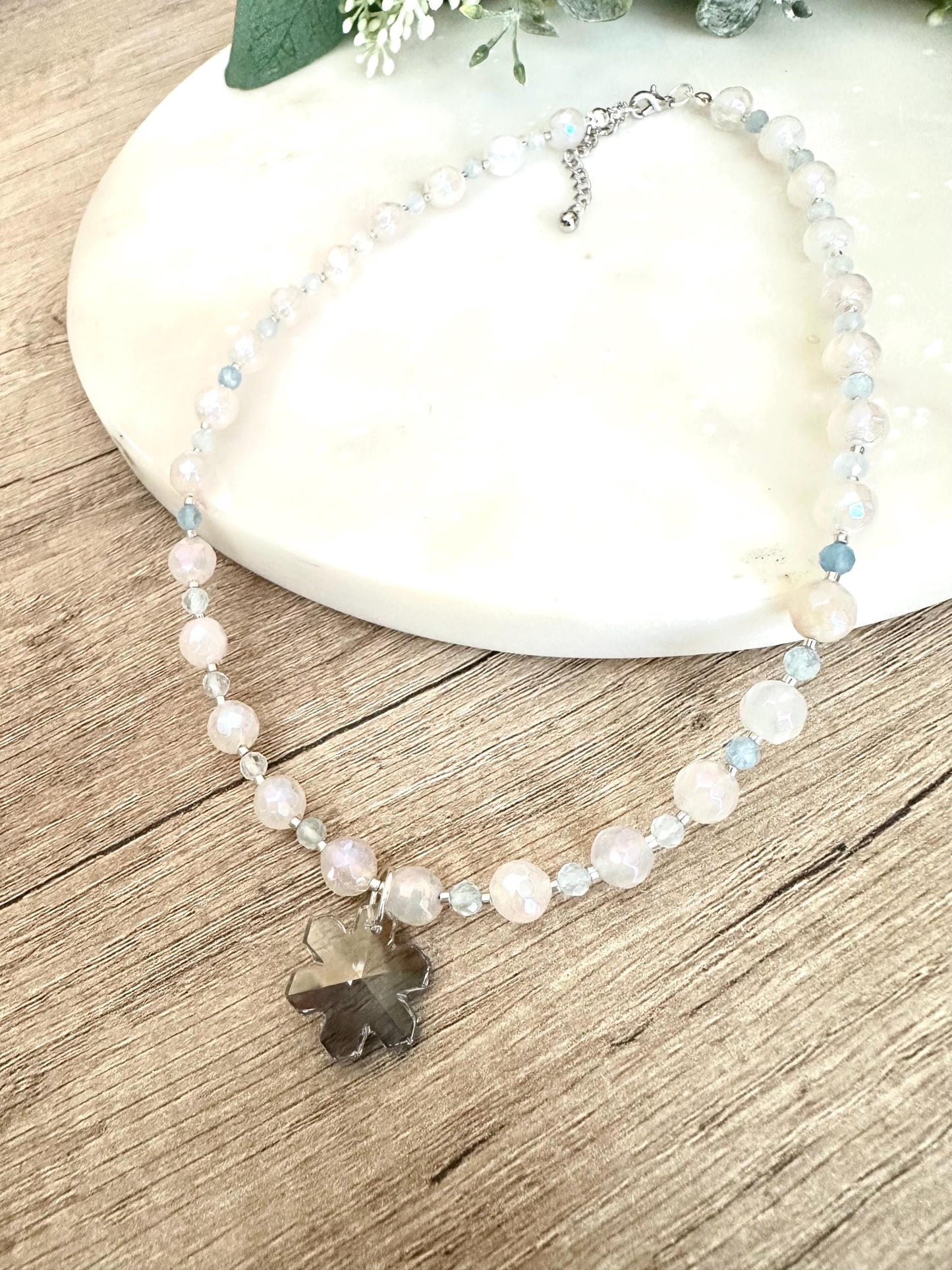Mystic White Chalcedony Necklace • Aquamarine Beaded Necklace • Swarovski Blue Snowflake Pendant • Silver Plated Jewelry • Winter Gemstone