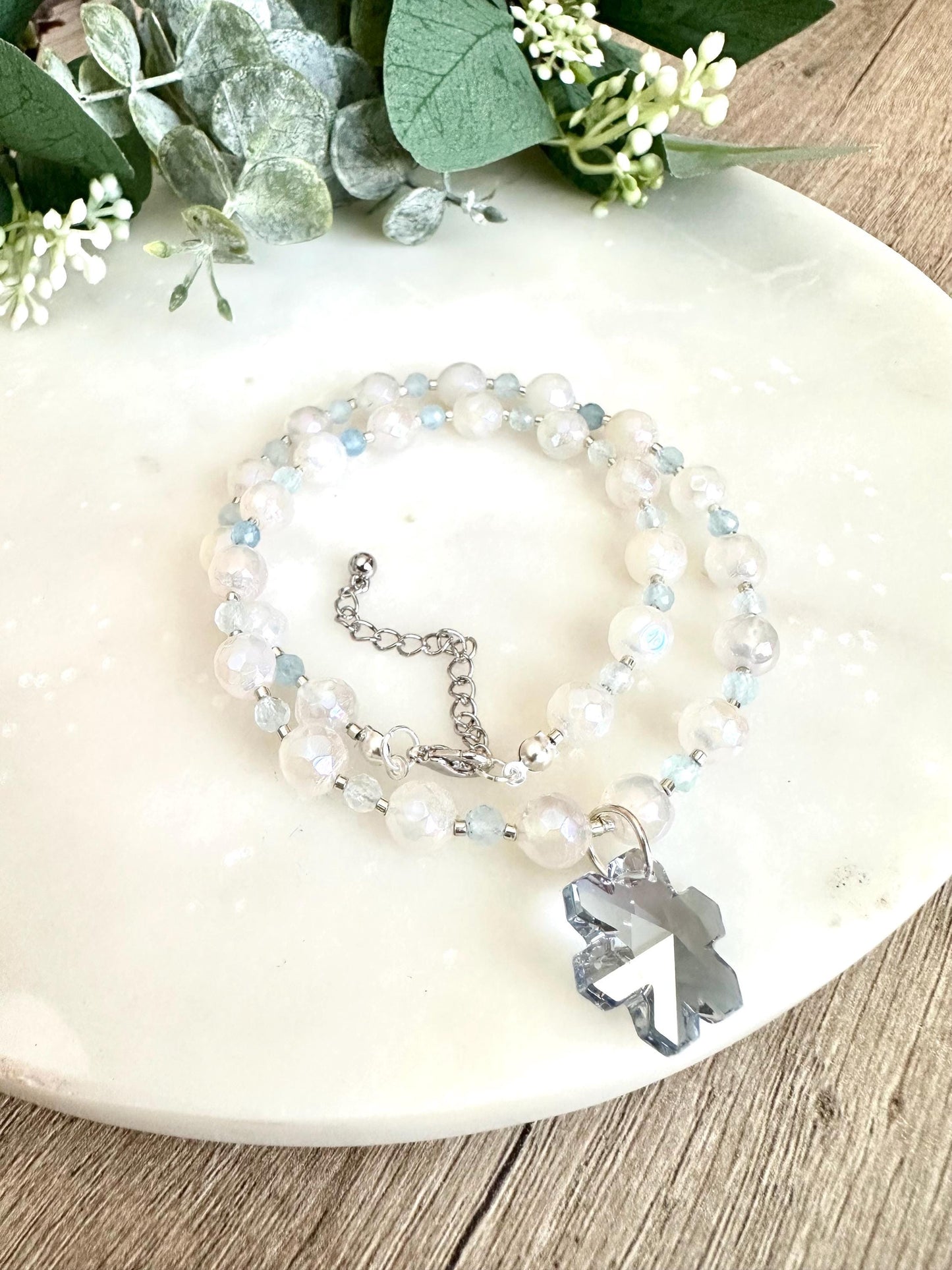 Mystic White Chalcedony Necklace • Aquamarine Beaded Necklace • Swarovski Blue Snowflake Pendant • Silver Plated Jewelry • Winter Gemstone