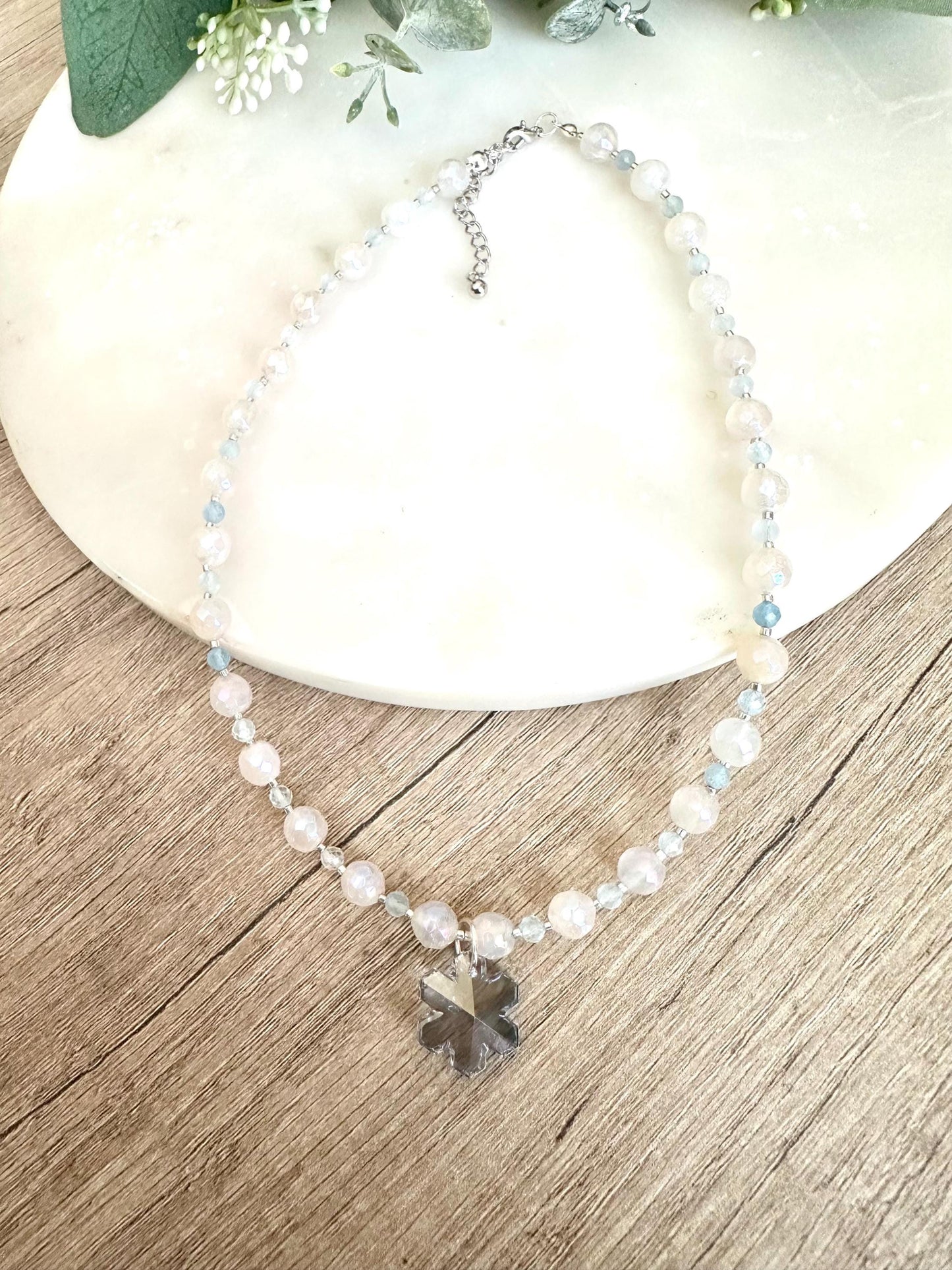 Mystic White Chalcedony Necklace • Aquamarine Beaded Necklace • Swarovski Blue Snowflake Pendant • Silver Plated Jewelry • Winter Gemstone