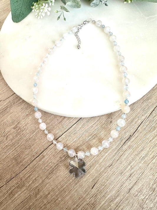 Mystic White Chalcedony Necklace • Aquamarine Beaded Necklace • Swarovski Blue Snowflake Pendant • Silver Plated Jewelry • Winter Gemstone