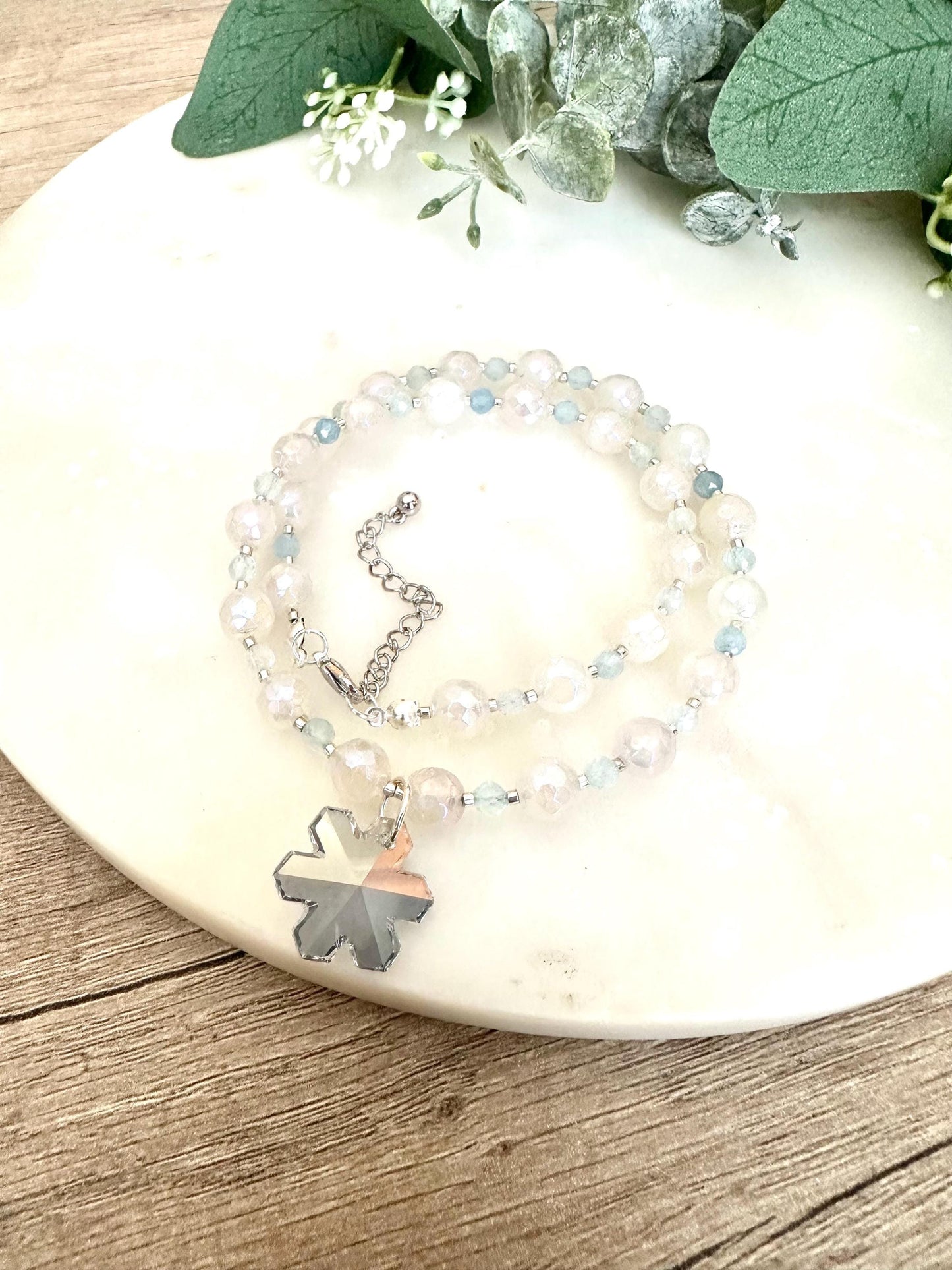 Mystic White Chalcedony Necklace • Aquamarine Beaded Necklace • Swarovski Blue Snowflake Pendant • Silver Plated Jewelry • Winter Gemstone