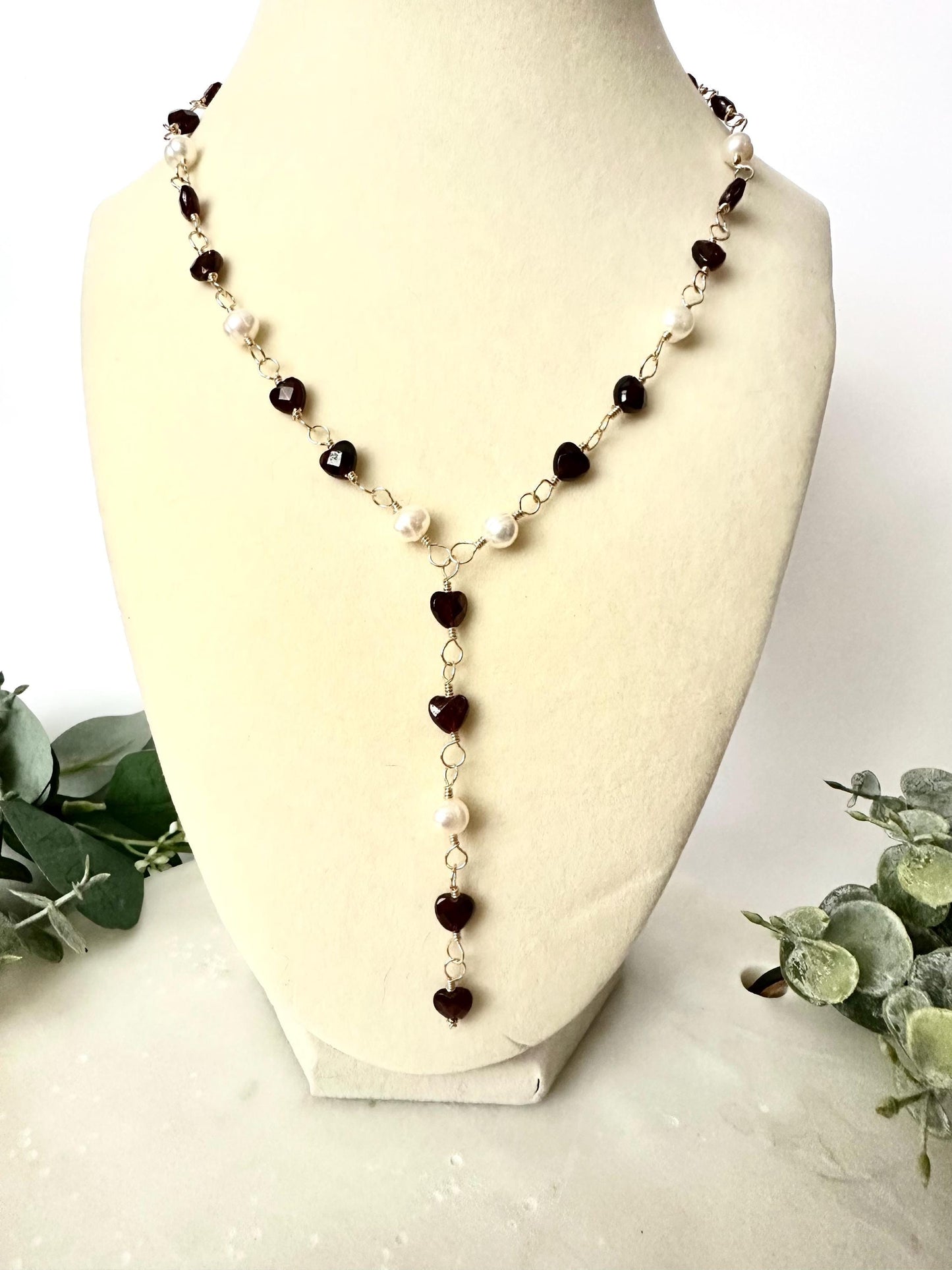 Garnet Hearts and Freshwater Pearls Necklace-Gifts for Her-Y Necklace