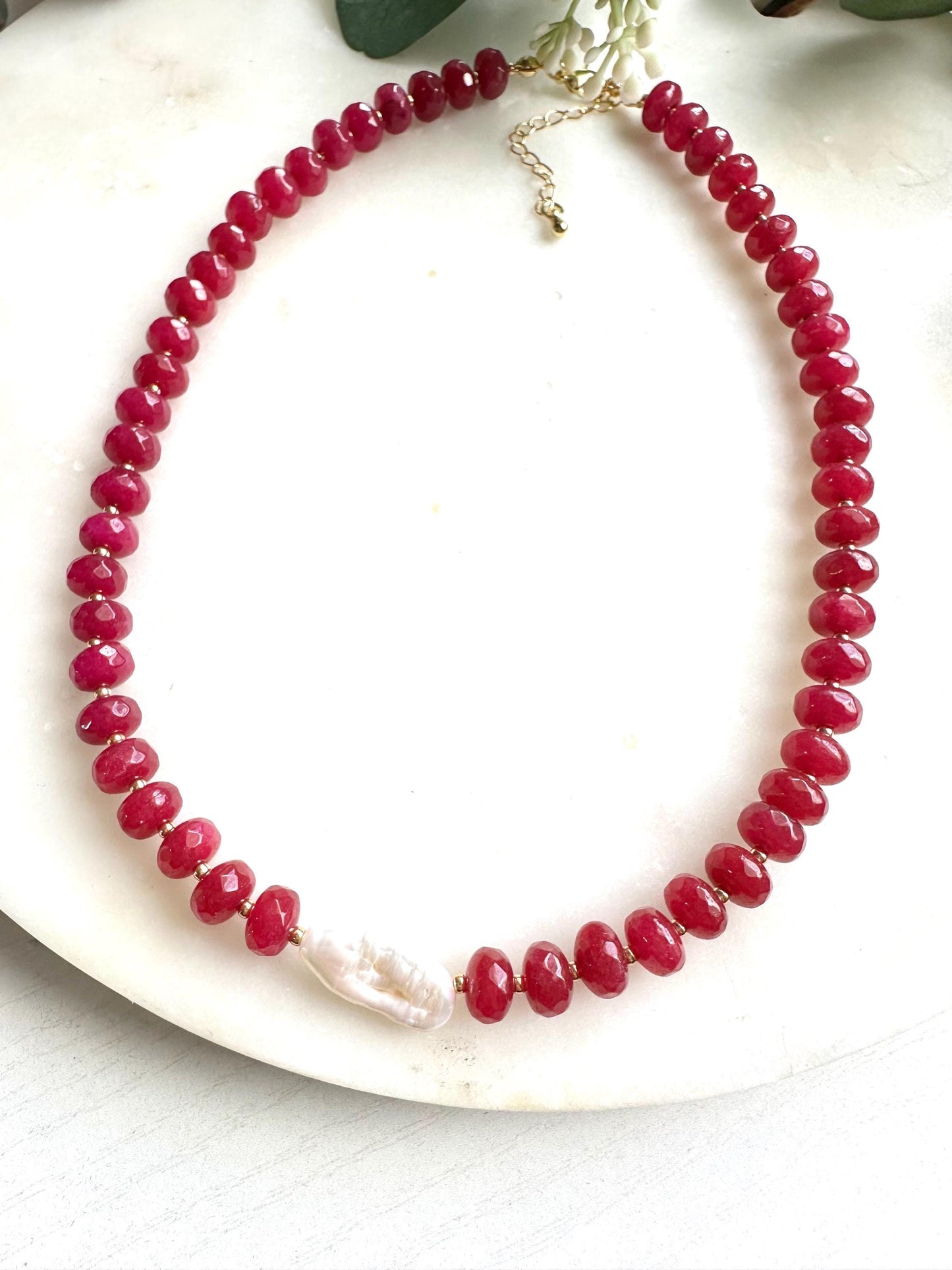 Red Ruby Jade with Freshwater Pearl Beaded Necklace -Gemstone Beaded Necklace