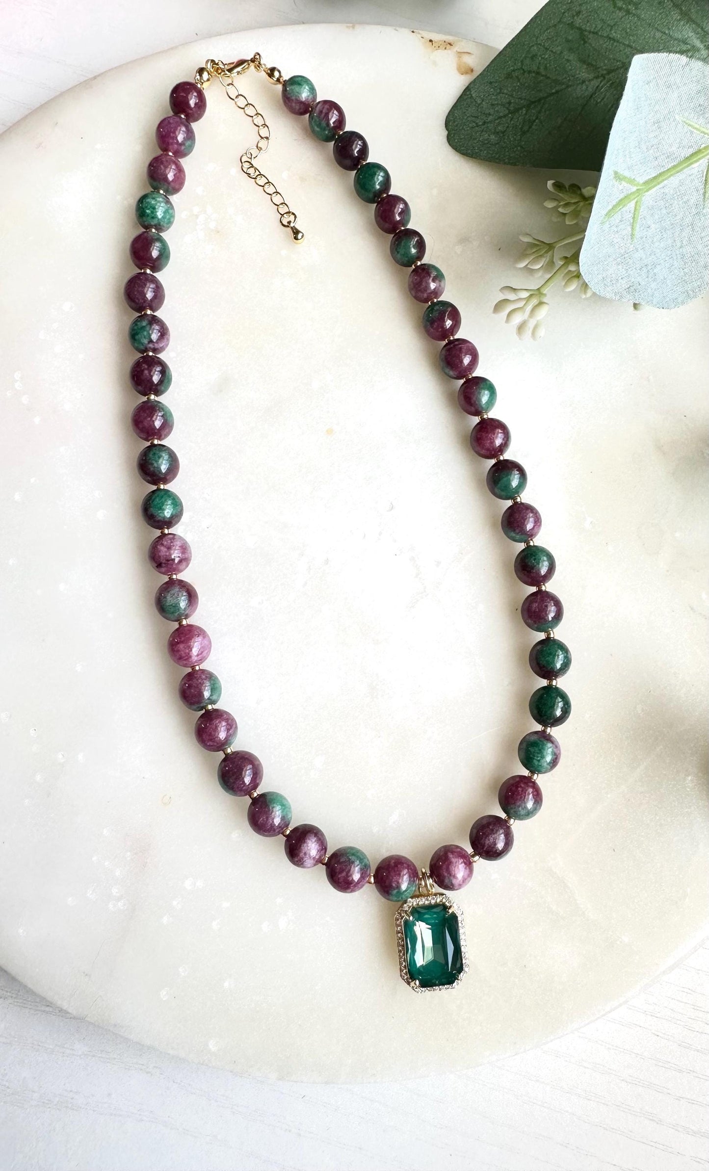 Ruby Zoisite Necklace with Green Gemstone Pendant | Ruby Zoisite Beaded Necklace | Statement Gemstone Jewelry | Handmade Necklace